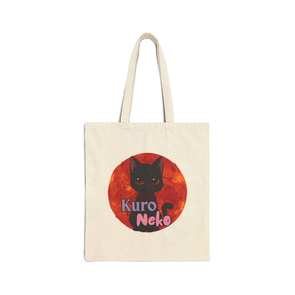 Tote bag Anime HARU Chibi avec design de chat noir Kuro Neko sur fond rouge, en coton durable.