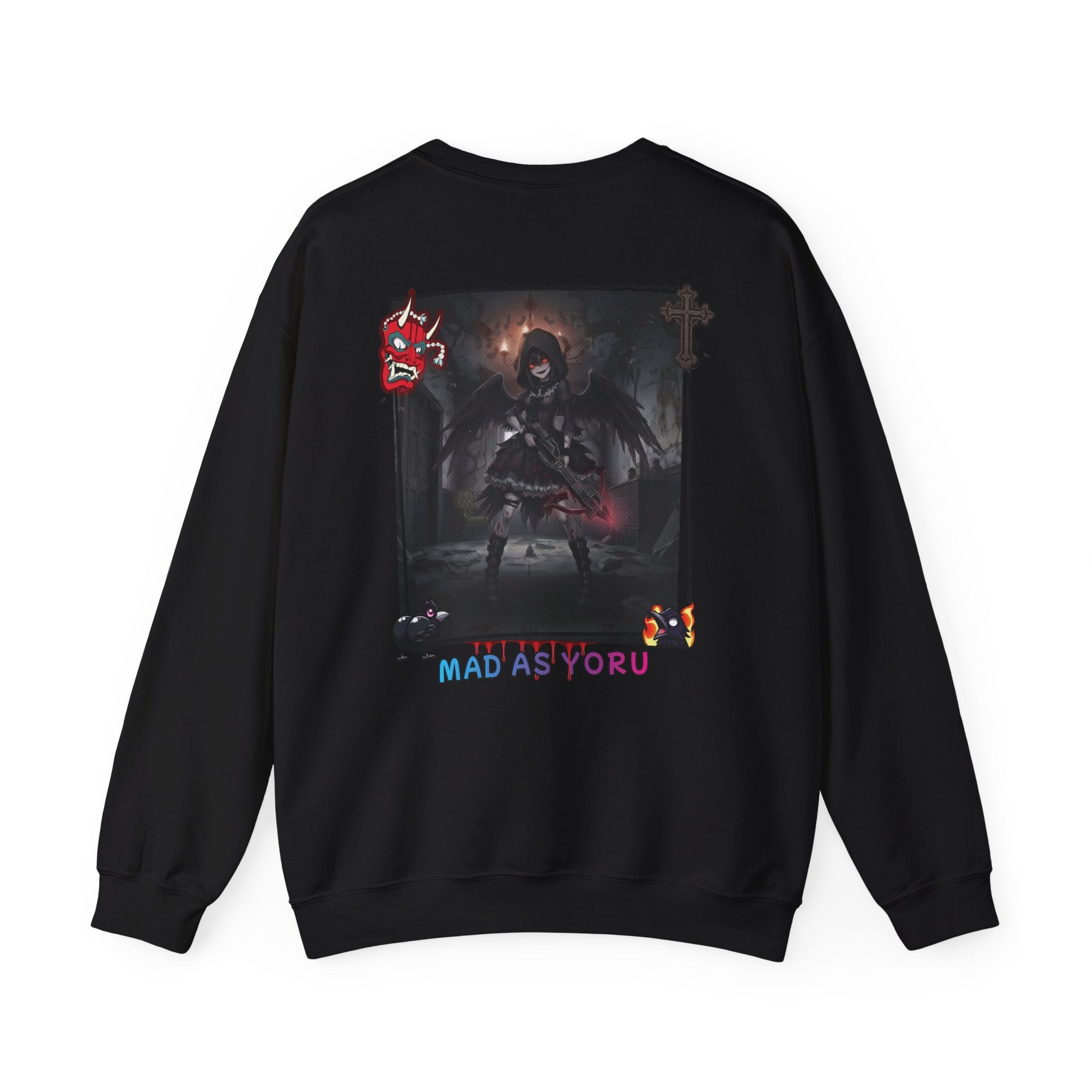 Sweatshirt Anime YORU avec motif de chasseresse gothique en noir et design accrocheur.