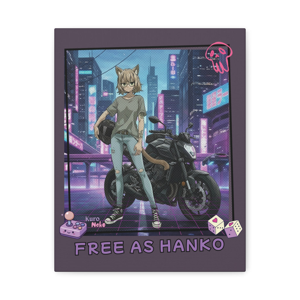 Toile Mate Anime HANKO avec une chatte kemonomimi sur une moto dans un décor cyberpunk, thème 'Free as Hanko'.