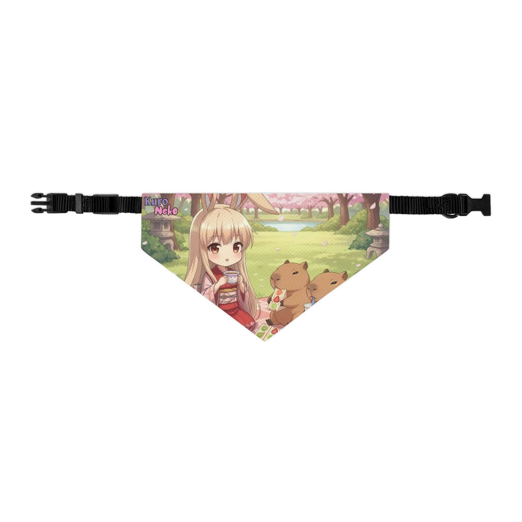 Collier bandana Chat & Chien Anime HARU avec un personnage kawaii et des ours en peluche dans un décor printanier.