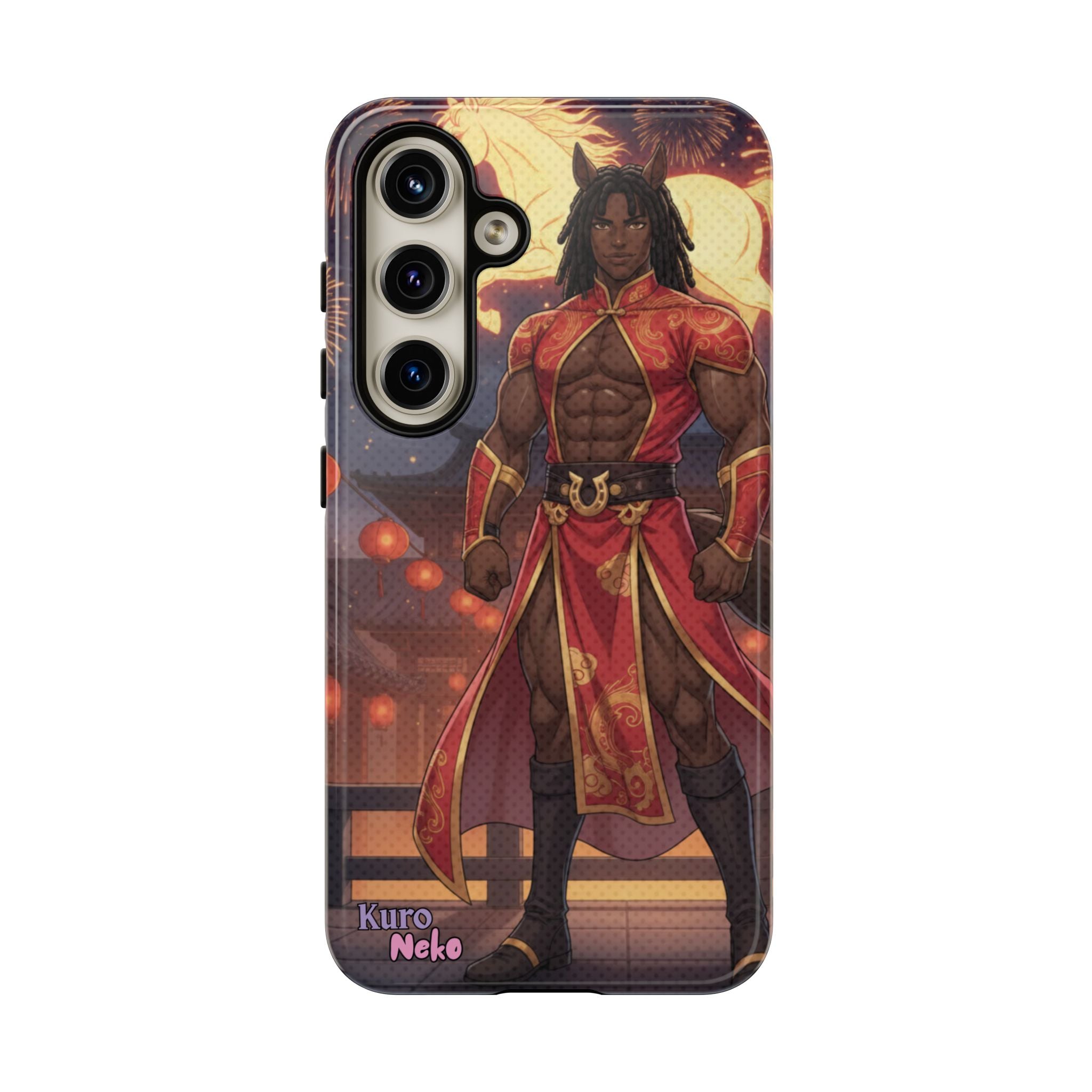 Coque téléphone Anime RYO avec un personnage masculin en tenue rouge et or, représentant la force et l'élégance.