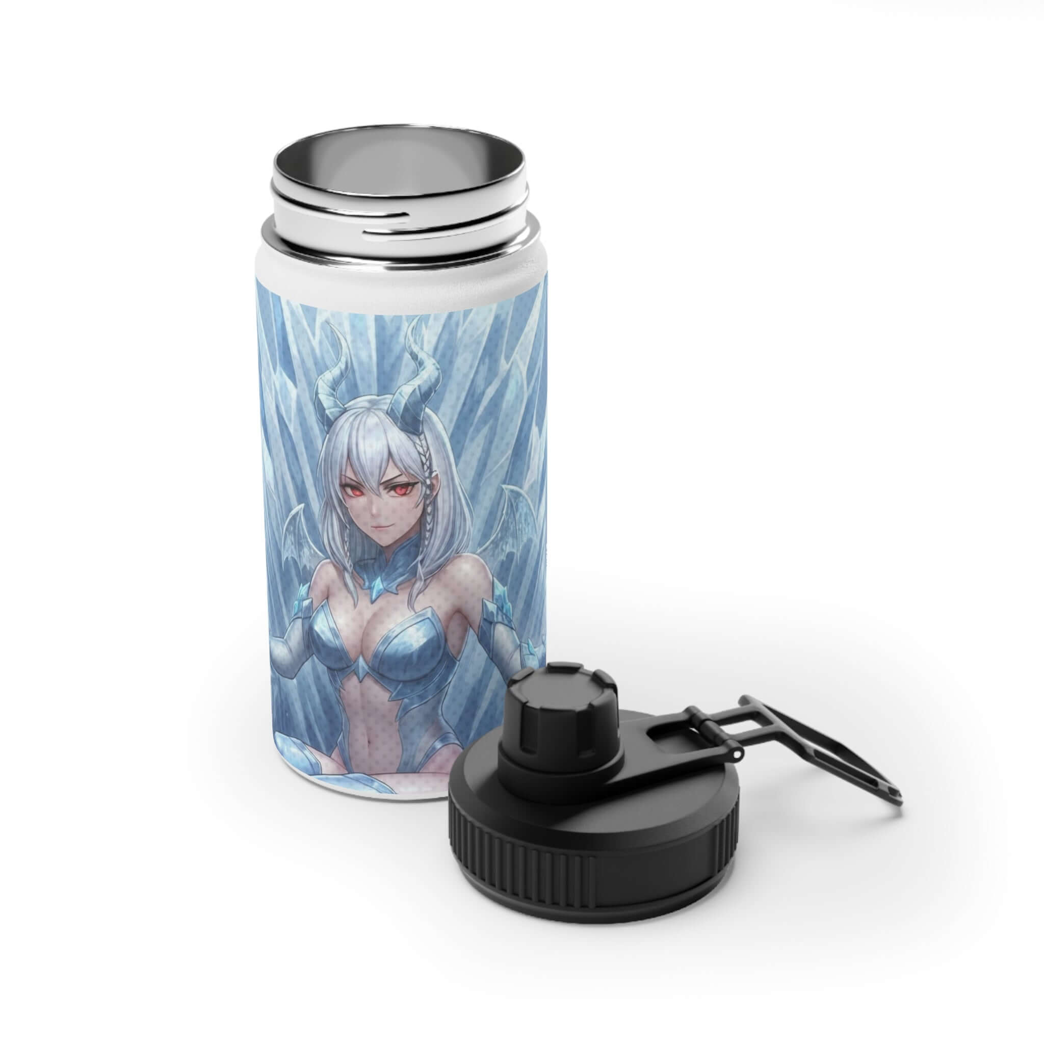 Gourde Isotherme Anime YUKI en acier inoxydable blanc 350ml avec design Yuki dragon des neiges, waifu kemonomimi esthétique hivernale, double paroi thermique, bouchon sport à visser, sans BPA