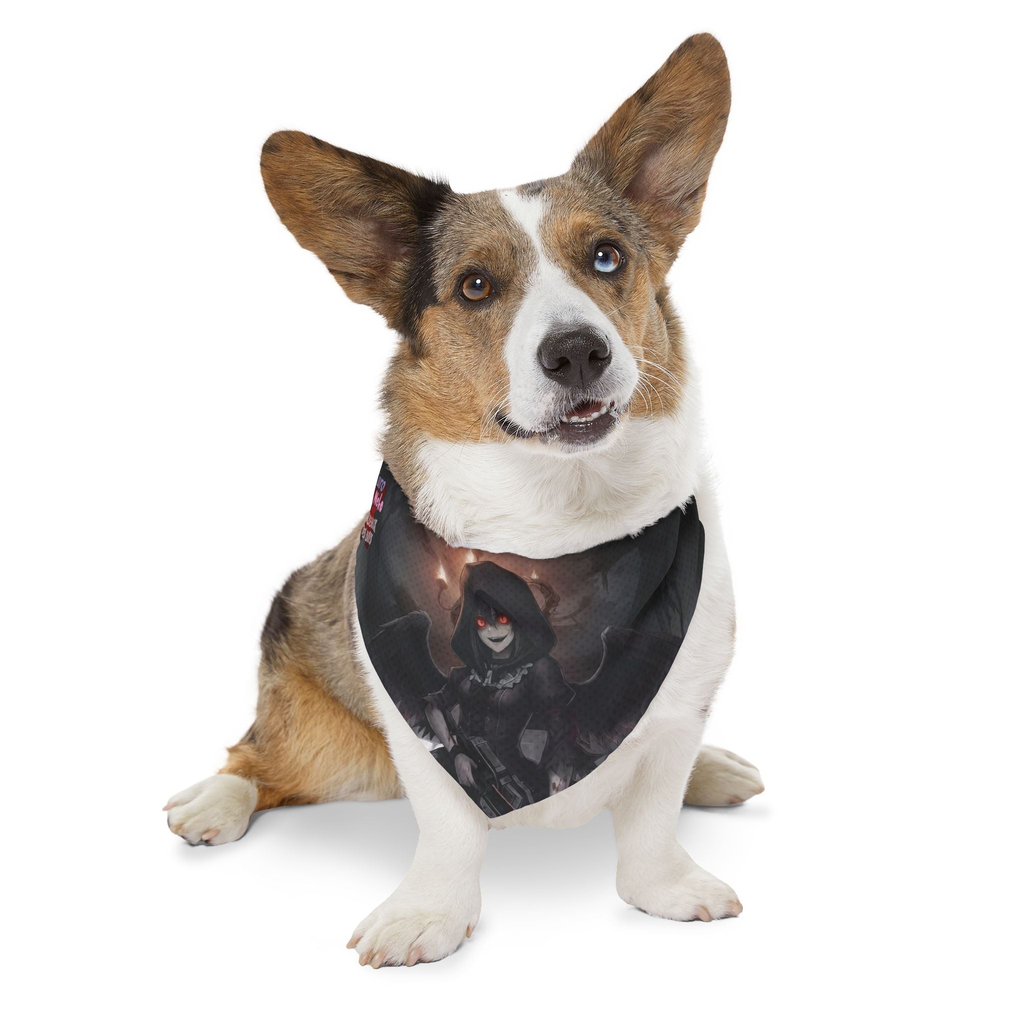 Collier bandana chat & chien Anime YORU sur un chien Corgi, affichant un design inspiré d'animation.