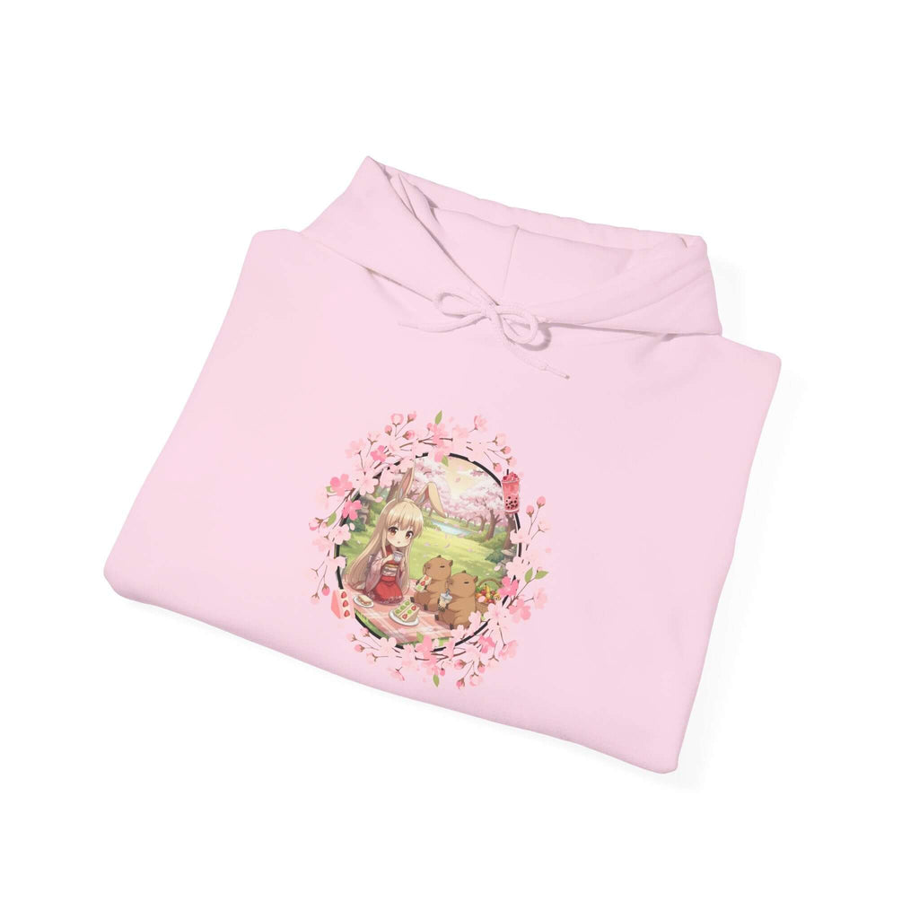 Sweat à capuche Anime HARU Muse Chibi Pique-nique Sakura avec illustration de lapin et pétales de sakura, Kuro Neko Shop.