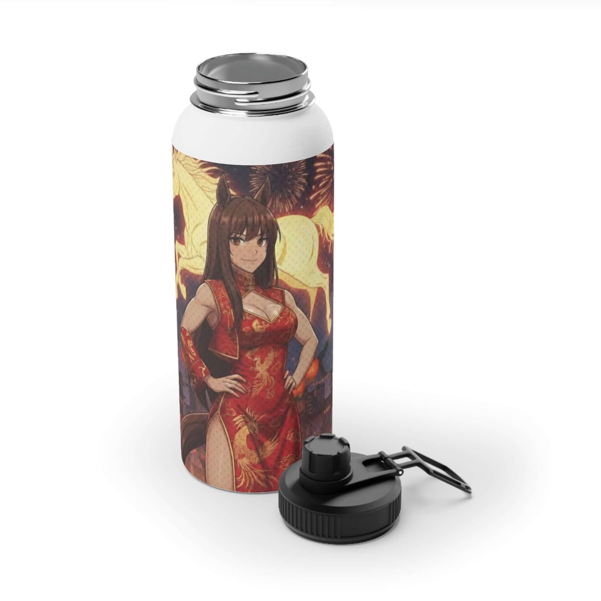 Bouteille isotherme sportive acier inoxydable blanc 950ml avec artwork Akari cheval de feu 2026, waifu kemonomimi zodiaque chinois, double paroi thermique, bouchon sport, design original Kuro Neko Shop
