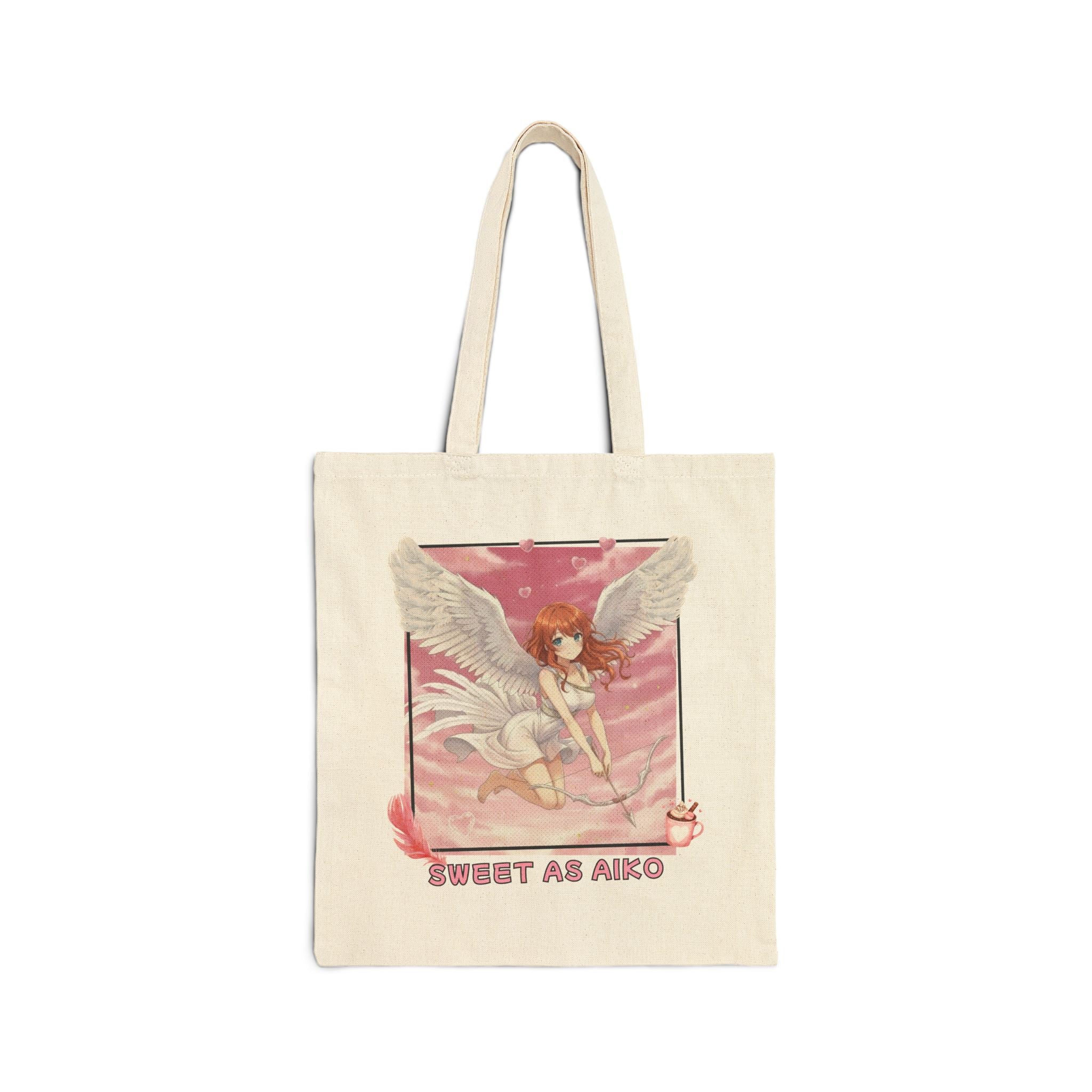 Tote bag Anime AIKO Saint-Valentin romantique - Tote bag en toile avec image romantique d’AIKO et ailes d’ange, phrase Sweet as AIKO, compagnon tendre et durable