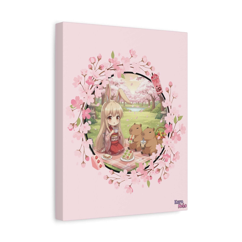 Toile Mate Anime HARU Chibi Printemps - HARU bunny girl chibi kawaii print with picnic scene and capybaras on pink canvas