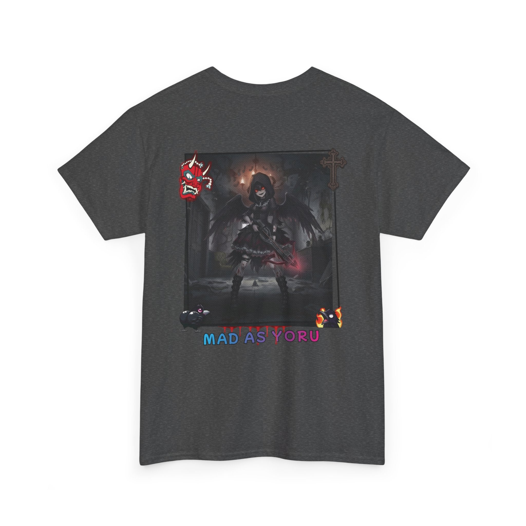T-shirt Anime YORU Demon Hunter — design sombre avec Yoru corbeau, texte MAD AS YORU, ouïes démoniaques, prêt pour chasseurs dâmes