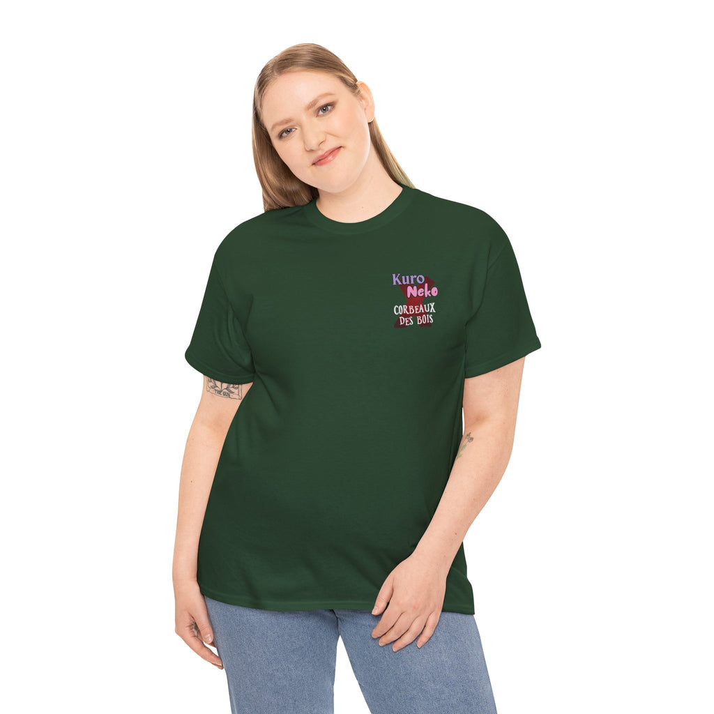 T-shirt Anime YORU sur fond vert, design unique avec le texte "Kuro Neko Courbabilité des Bois".