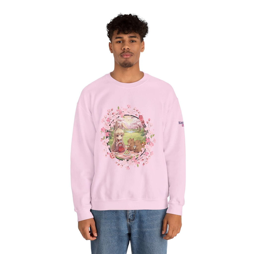 Sweatshirt Anime HARU Muse Chibi Pique-nique Sakura avec design de pique-nique sous des pétales de sakura, Kuro Neko Shop.