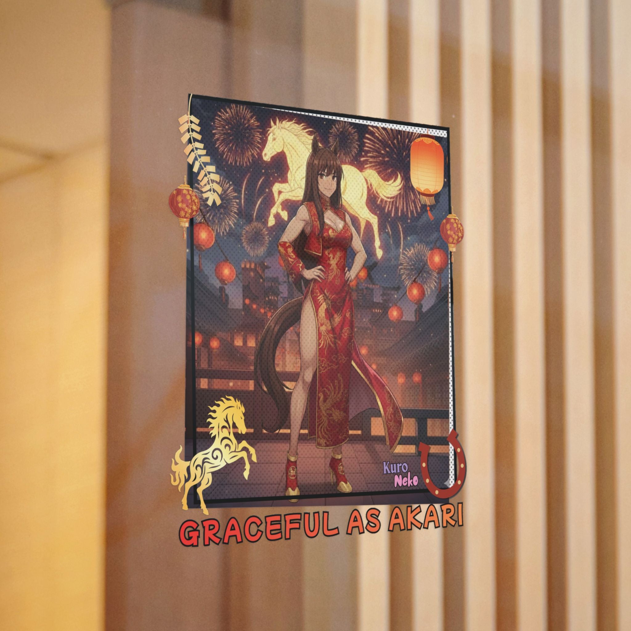 Sticker Die-Cut Anime AKARI sur un fond festif avec des chevaux et des lanternes.