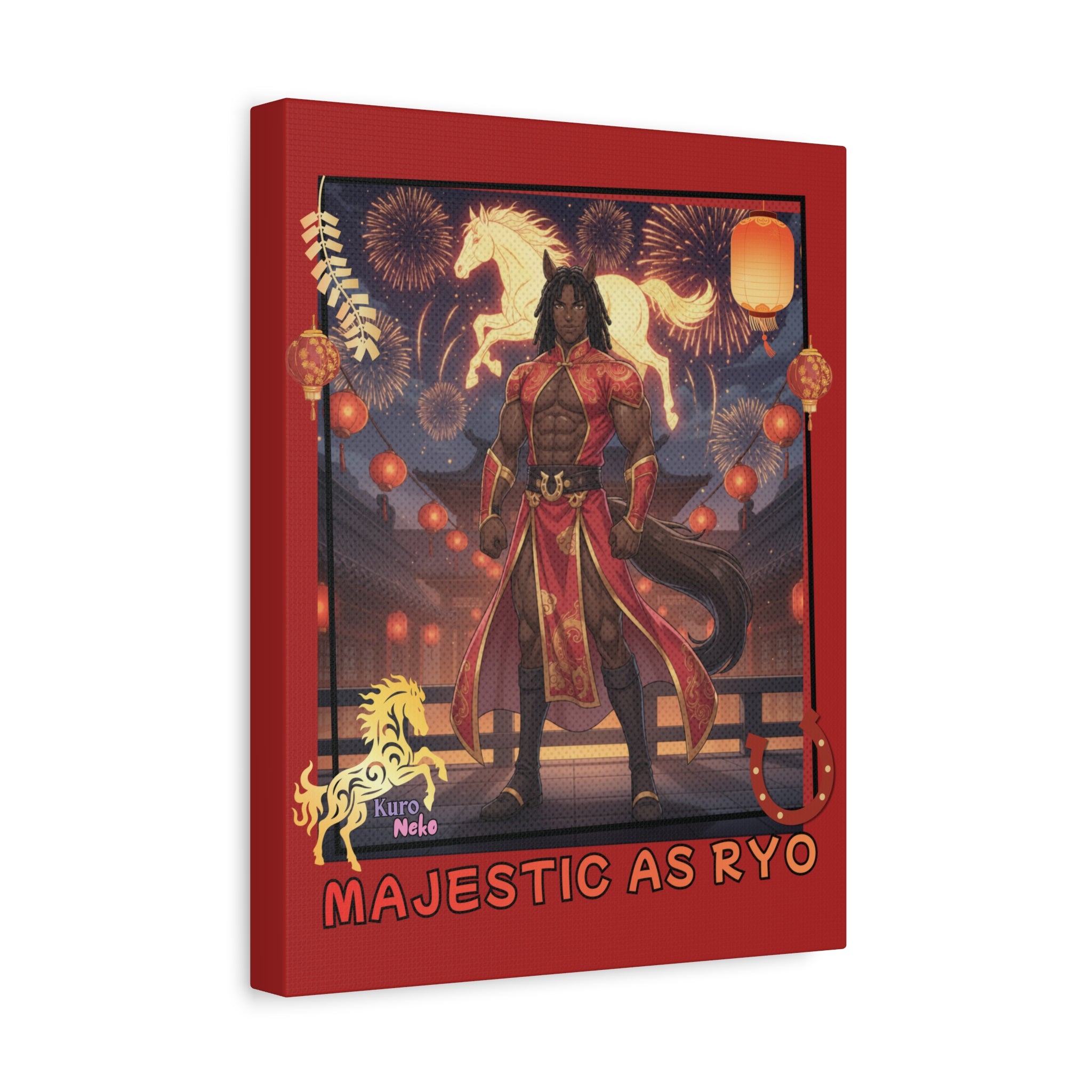 Toile Mate Anime RYO décorative avec un personnage majestueux sur fond de feux d'artifice et de motifs d'équins.