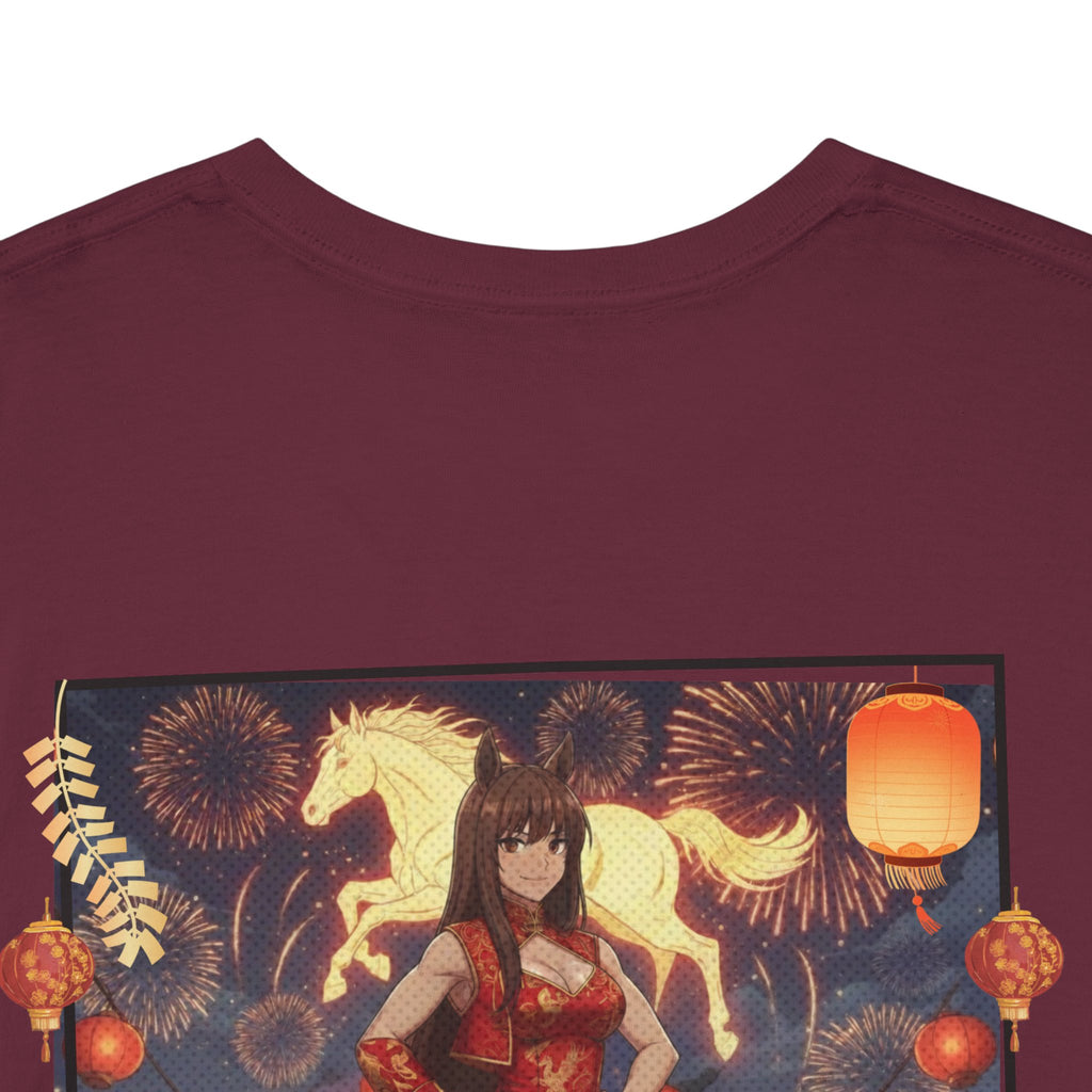 T-shirt Anime AKARI Danse du Zodiaque & Style Cheval avec personnage kemonomimi, oreilles d'animaux et décor festif, Kuro Neko Shop.