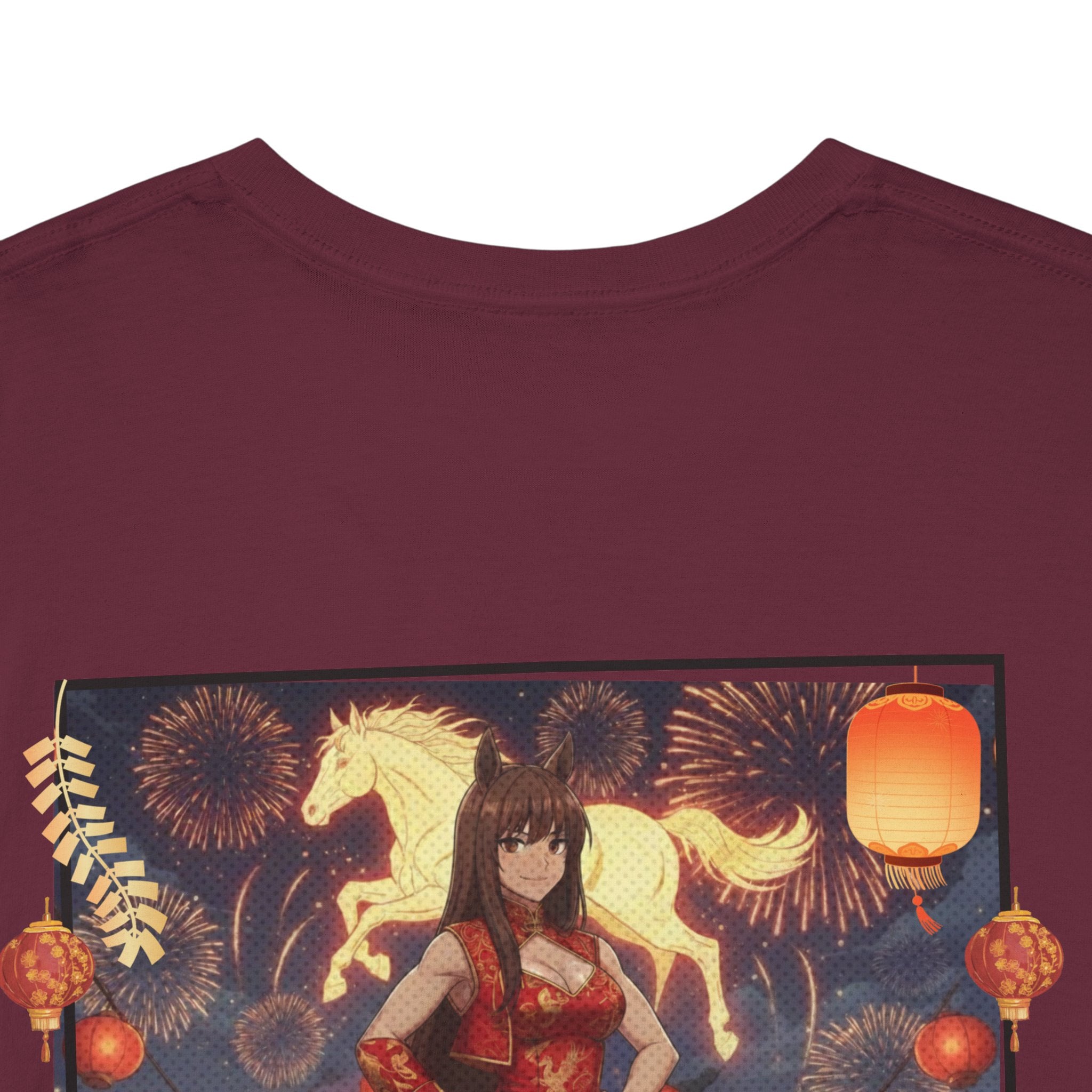 T-shirt Anime AKARI Danse du Zodiaque & Style Cheval avec personnage kemonomimi, oreilles d'animaux et décor festif, Kuro Neko Shop.