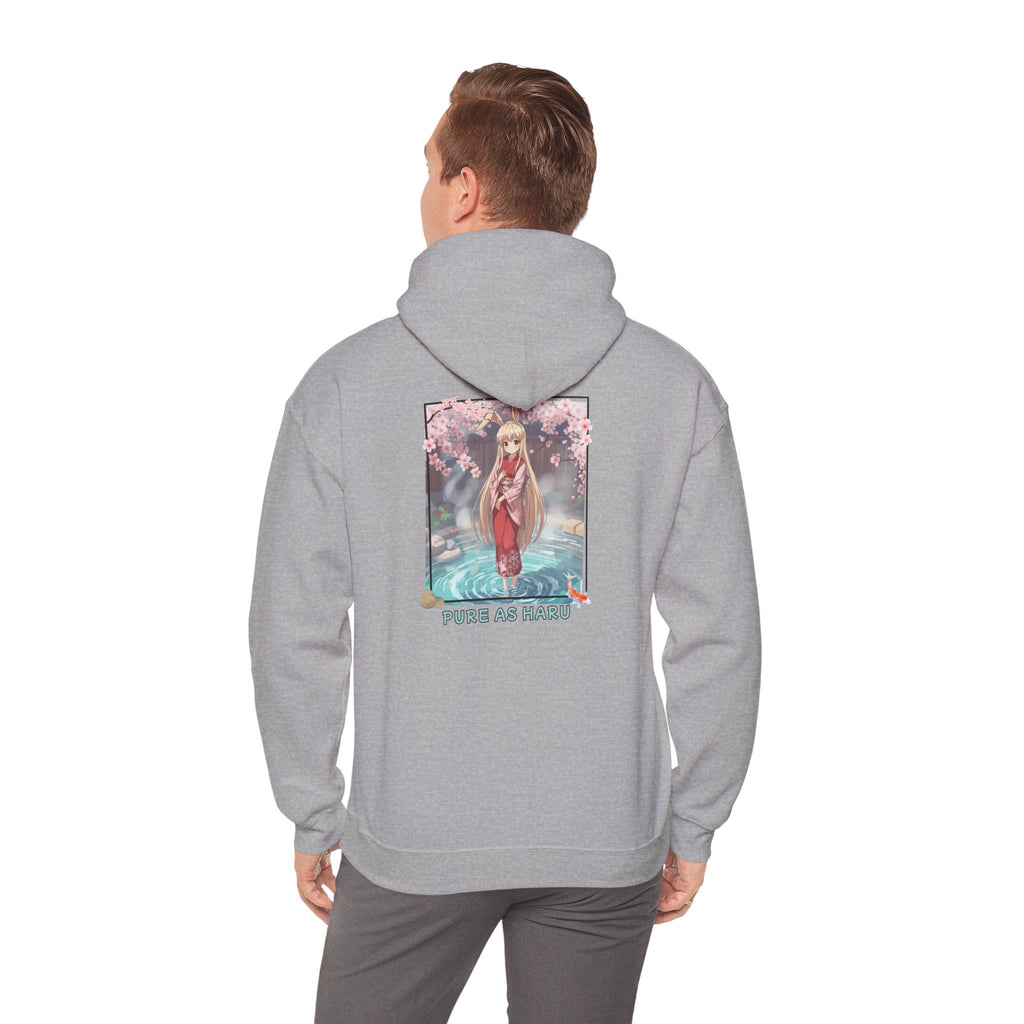 Hoodie gris clair avec impression anime Waifu HARU Bunny Girl onsen kimono bains japonais carpe koï cozy et chill
