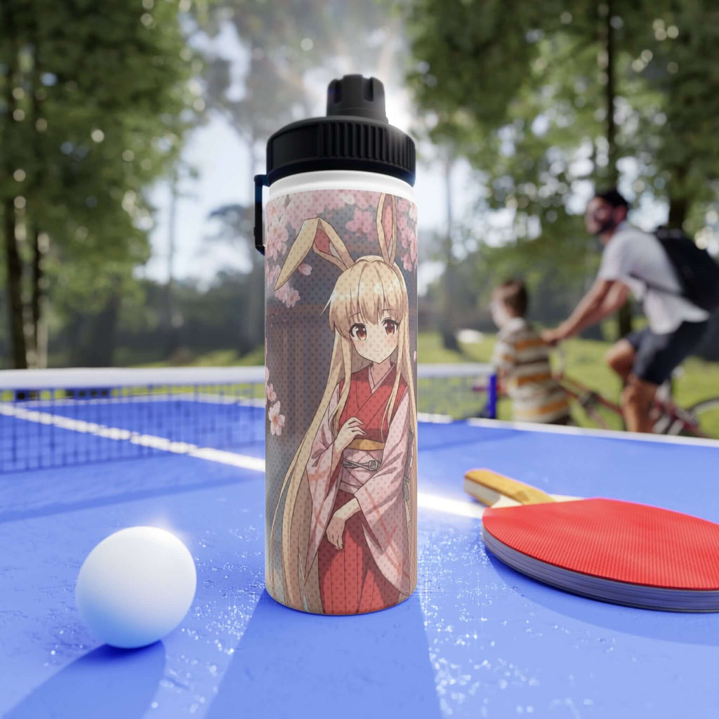 Gourde bouteille isotherme inox blanche 530ml avec illustration Haru waifu lapin kemonomimi paisible, oreilles de lapin, anime kawaii sérénité, aura apaisante, construction double paroi, acier inoxydable premium, sans BPA
