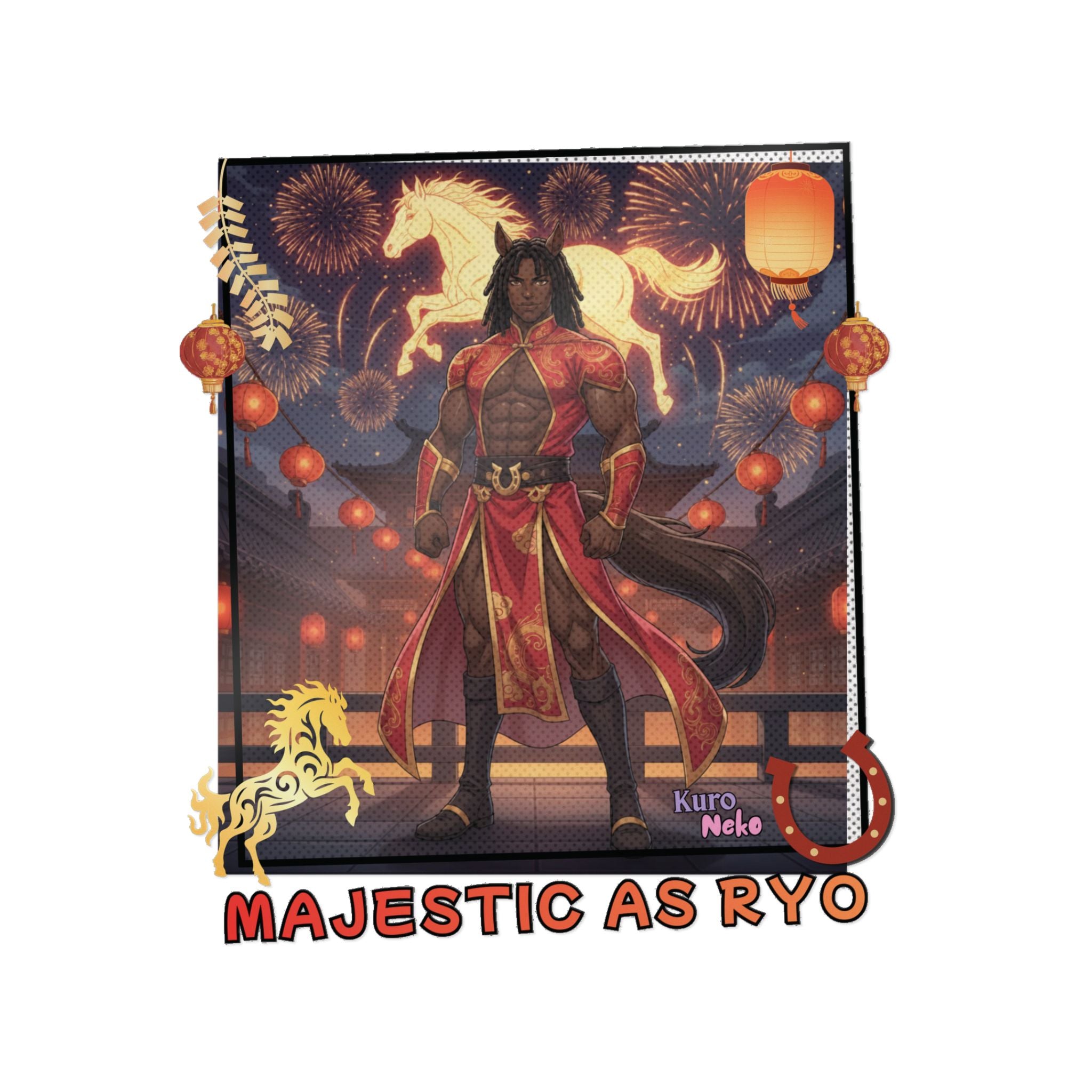 Sticker Die-Cut Anime RYO avec un personnage majestueux et des éléments festifs.