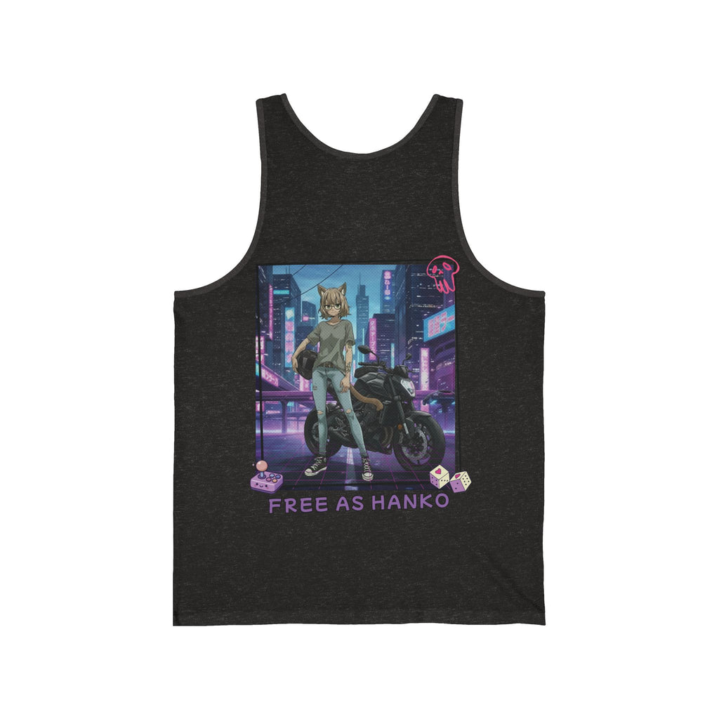 Débardeur Anime HANKO avec un design de chat cyberpunk sur fond néon et inscription 'FREE AS HANKO'.
