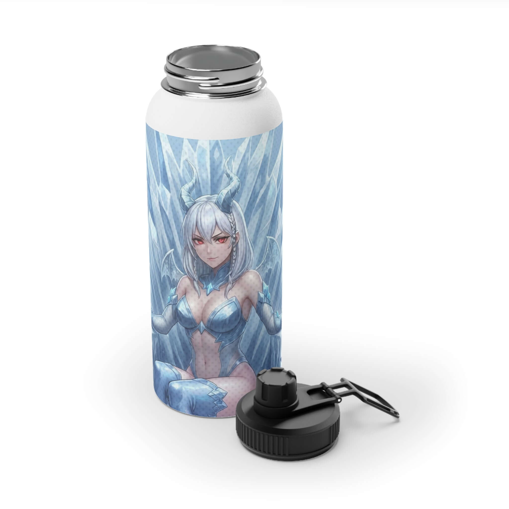 Bouteille isotherme sportive acier inoxydable blanc 950ml avec artwork Yuki dragon des neiges, waifu kemonomimi hiver givré, double paroi thermique, bouchon sport, design original Kuro Neko Shop