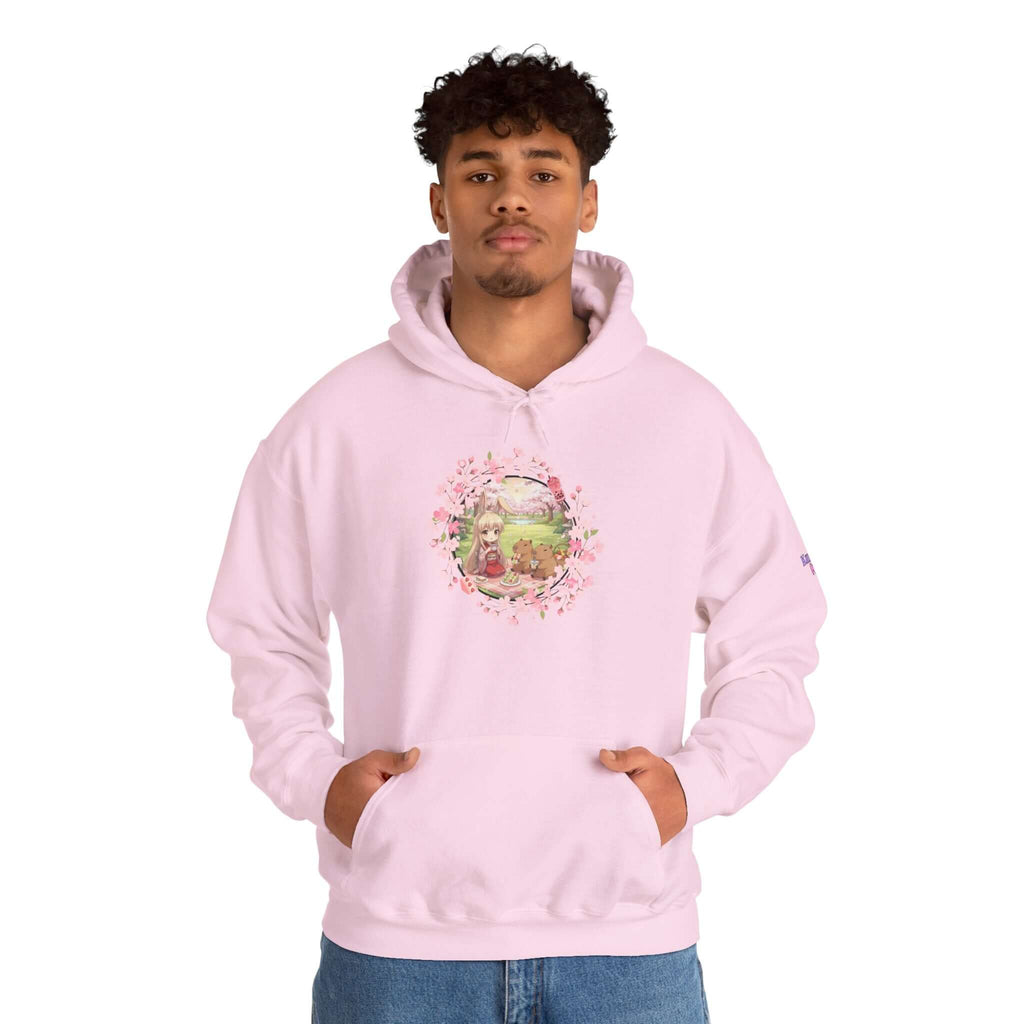Sweat à capuche Anime HARU Muse Chibi Pique-nique Sakura avec un design mignon de lapin sous des pétales de sakura, Kuro Neko Shop.