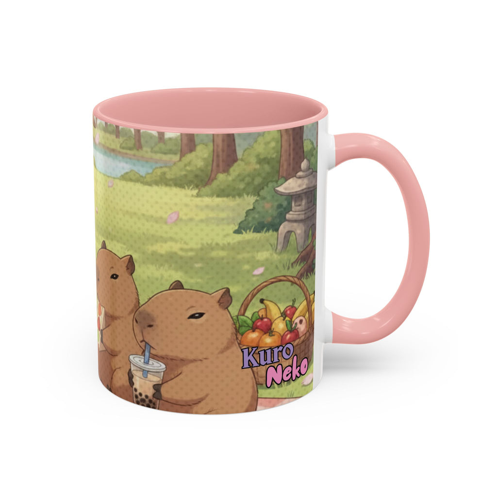 Mug Anime HARU Chibi Printemps - Mug en céramique rose avec Haru et capybaras pic-nic, kawaii chibi, parfait pour otaku et bull tea