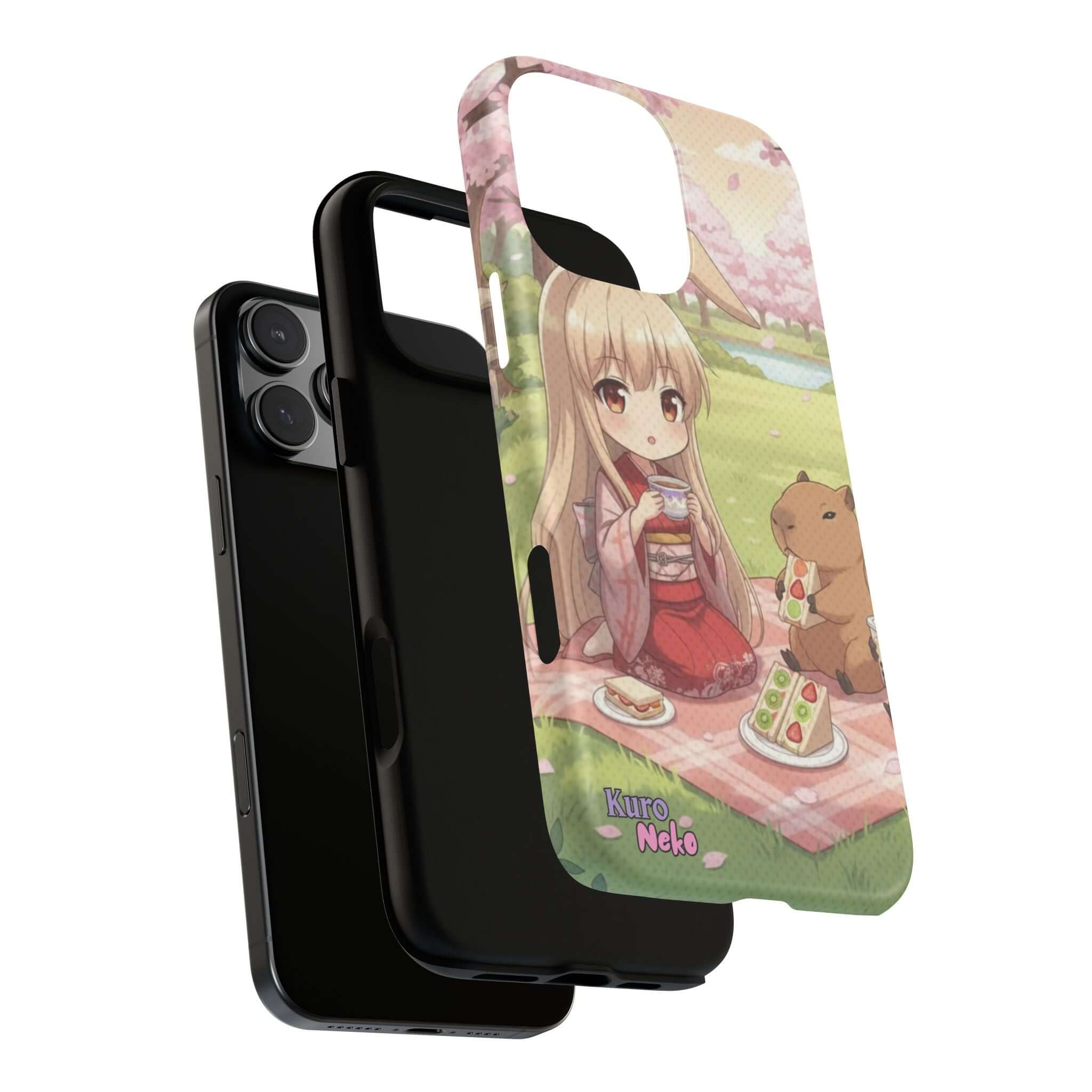Coque de Téléphone Anime HARU Muse Chibi Pique-nique avec design kemonomimi, oreilles d'animaux, et Kuro Neko Shop.