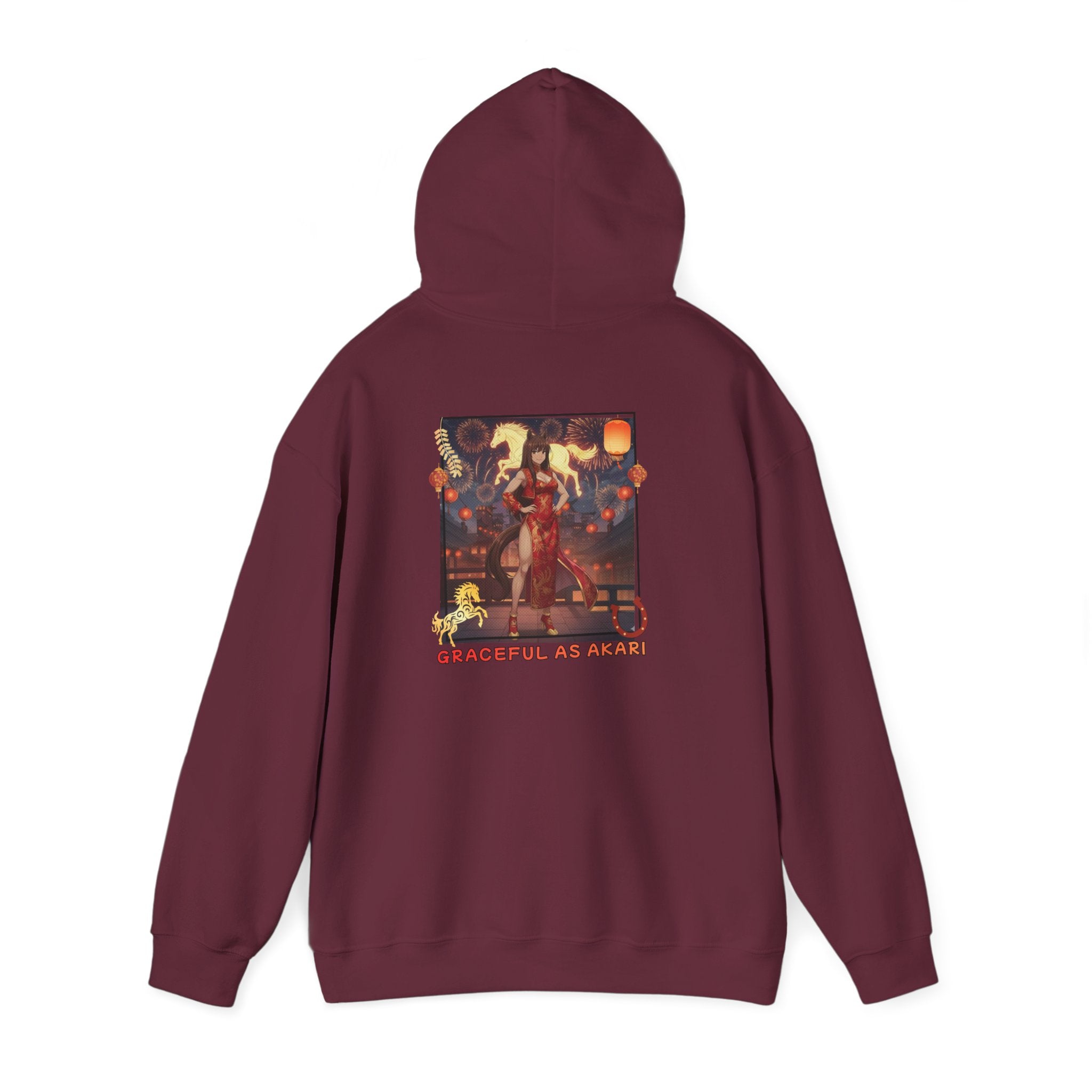 Sweat à capuche Anime AKARI avec le design "Gracieuse comme Akari" inspiré de la danse et de l'Année du Cheval.