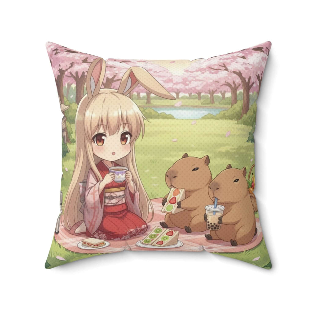 Coussin Anime HARU Chibi printemps - Coussin image HARU pique-nique avec capybaras et bunny girl kemonomimi