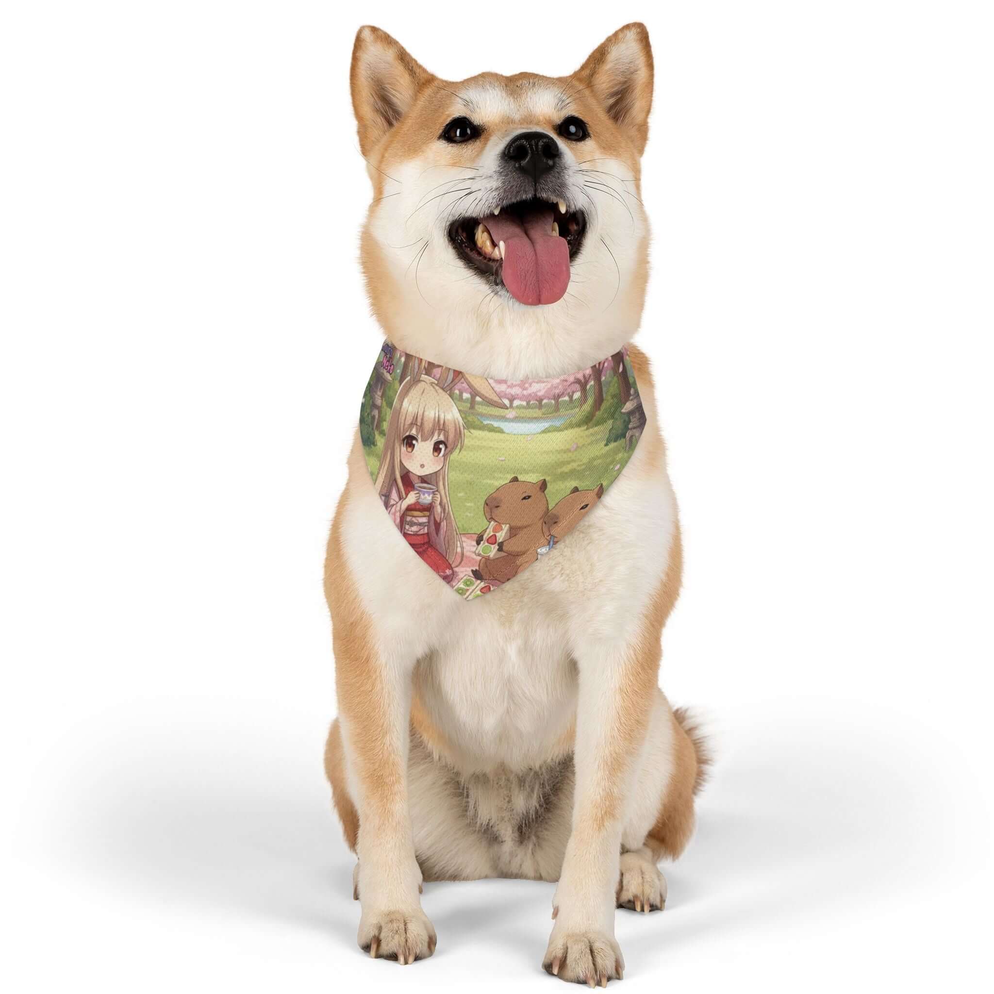 Collier bandana Chat & Chien Anime HARU porté par un chien heureux, avec un design kawaii d'animaux.