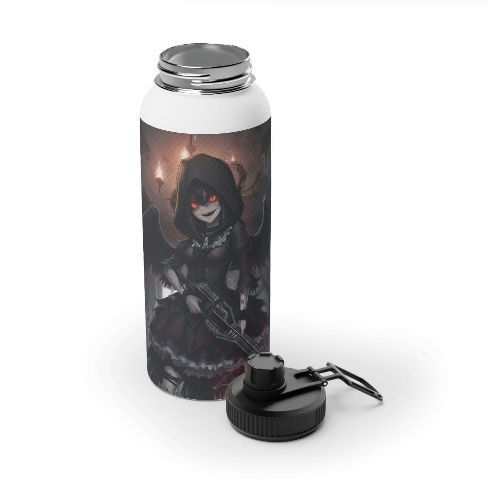 Bouteille isotherme inox blanche 950ml avec artwork Yoru corbeau démoniaque, double paroi acier inoxydable, bouchon sport