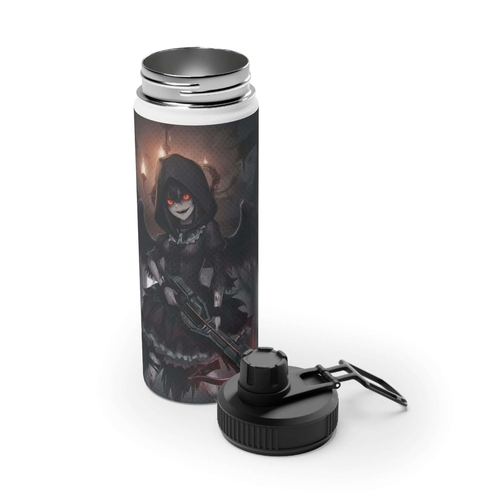 Bouteille isotherme inox blanche 530ml avec illustration Yoru waifu dark anime, kemonomimi corbeau, design gothique horror