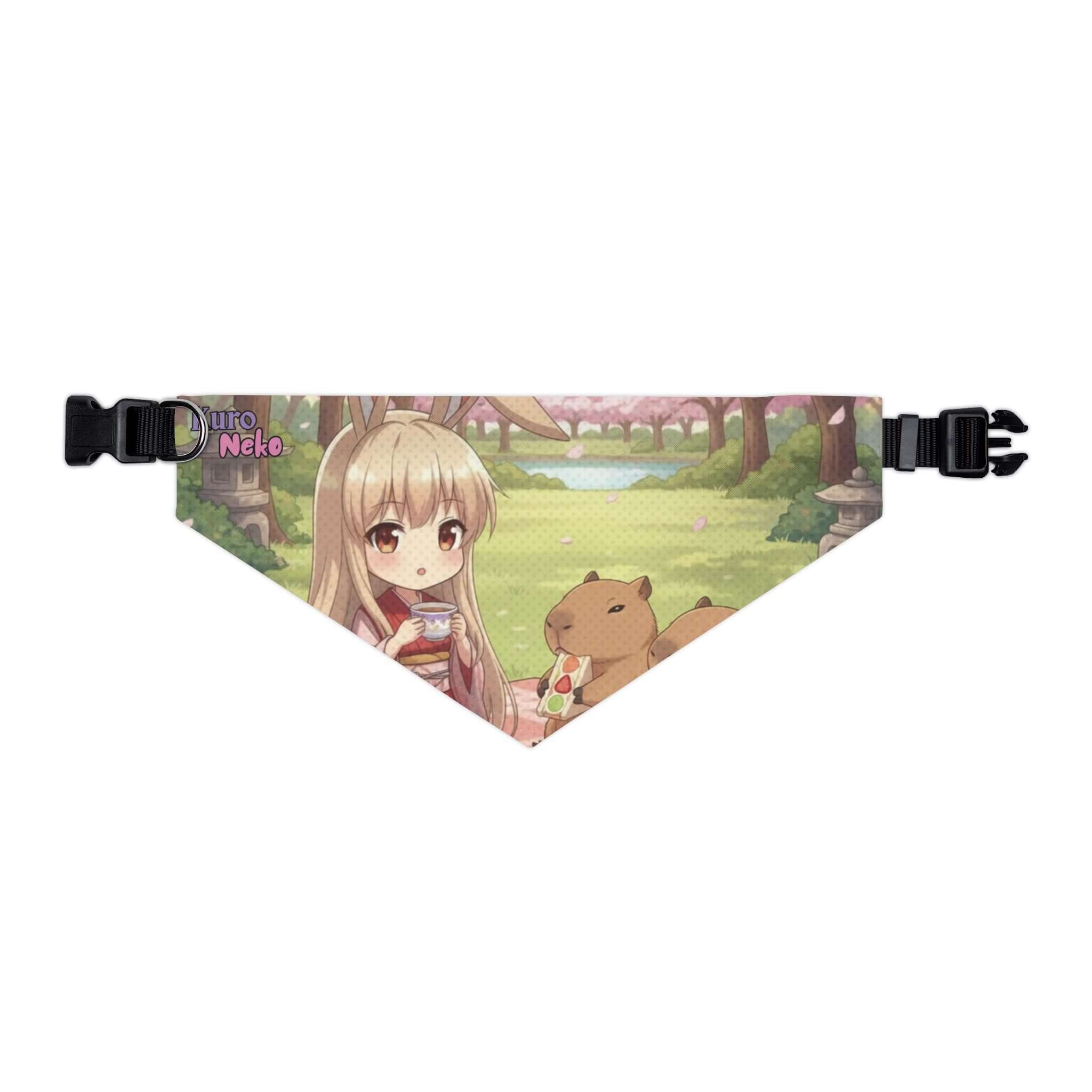 Collier bandana Chat & Chien Anime HARU avec illustration kawaii d'une fille et d'un animal en pleine nature.