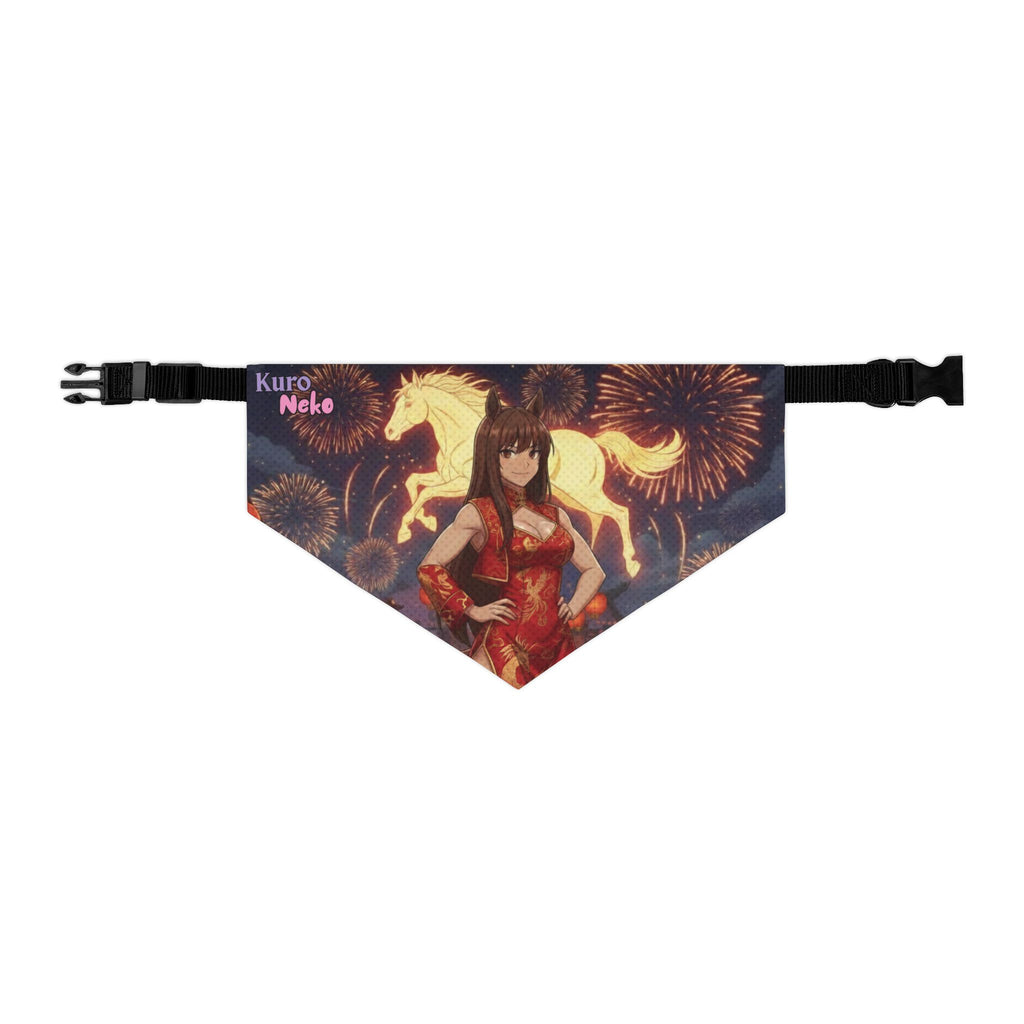 Collier bandana chat & chien Anime AKARI avec Akari et un cheval de feu en arrière-plan.