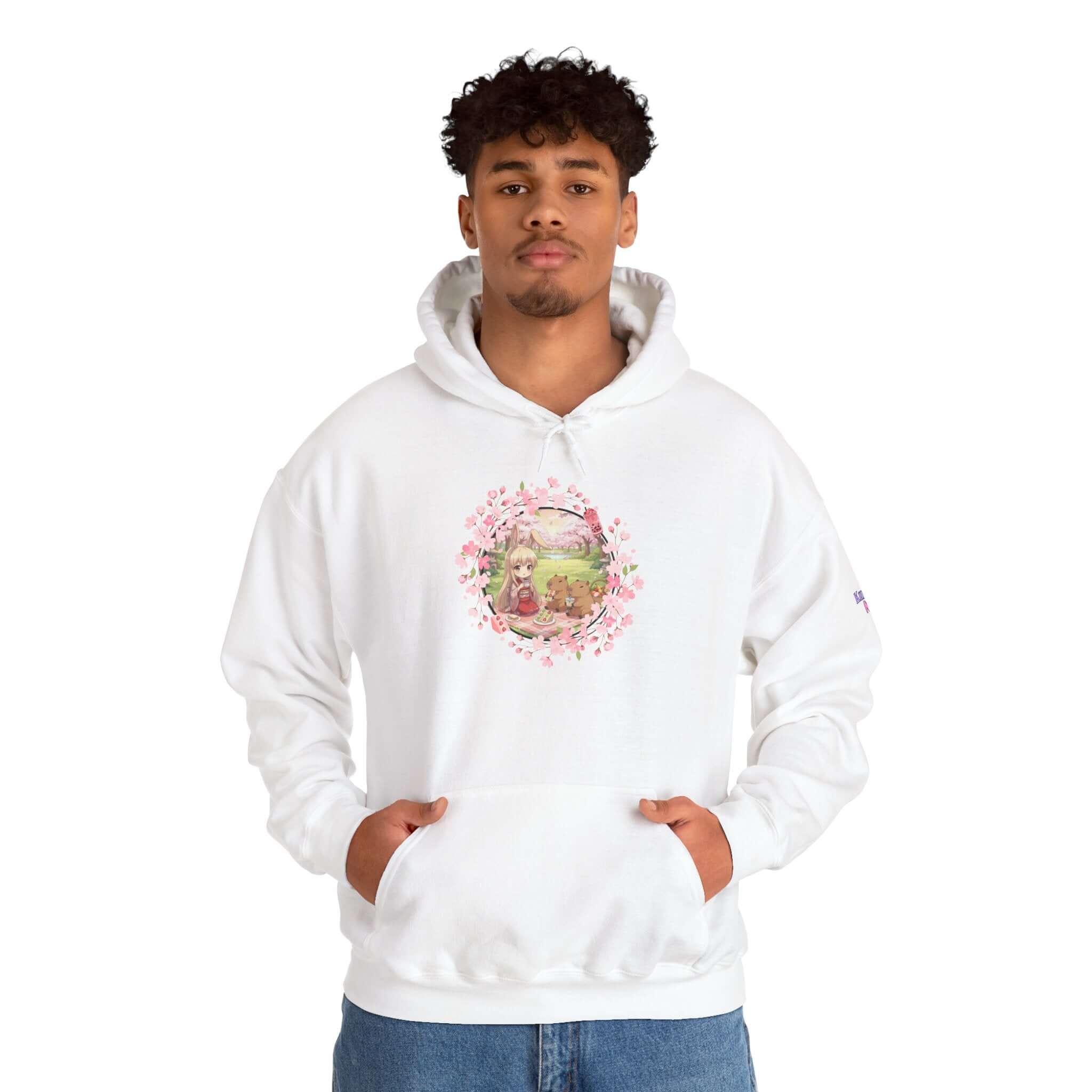 Sweat à capuche Anime HARU Muse Chibi Pique-nique Sakura avec motif floral printanier, style kemonomimi, Kuro Neko Shop.
