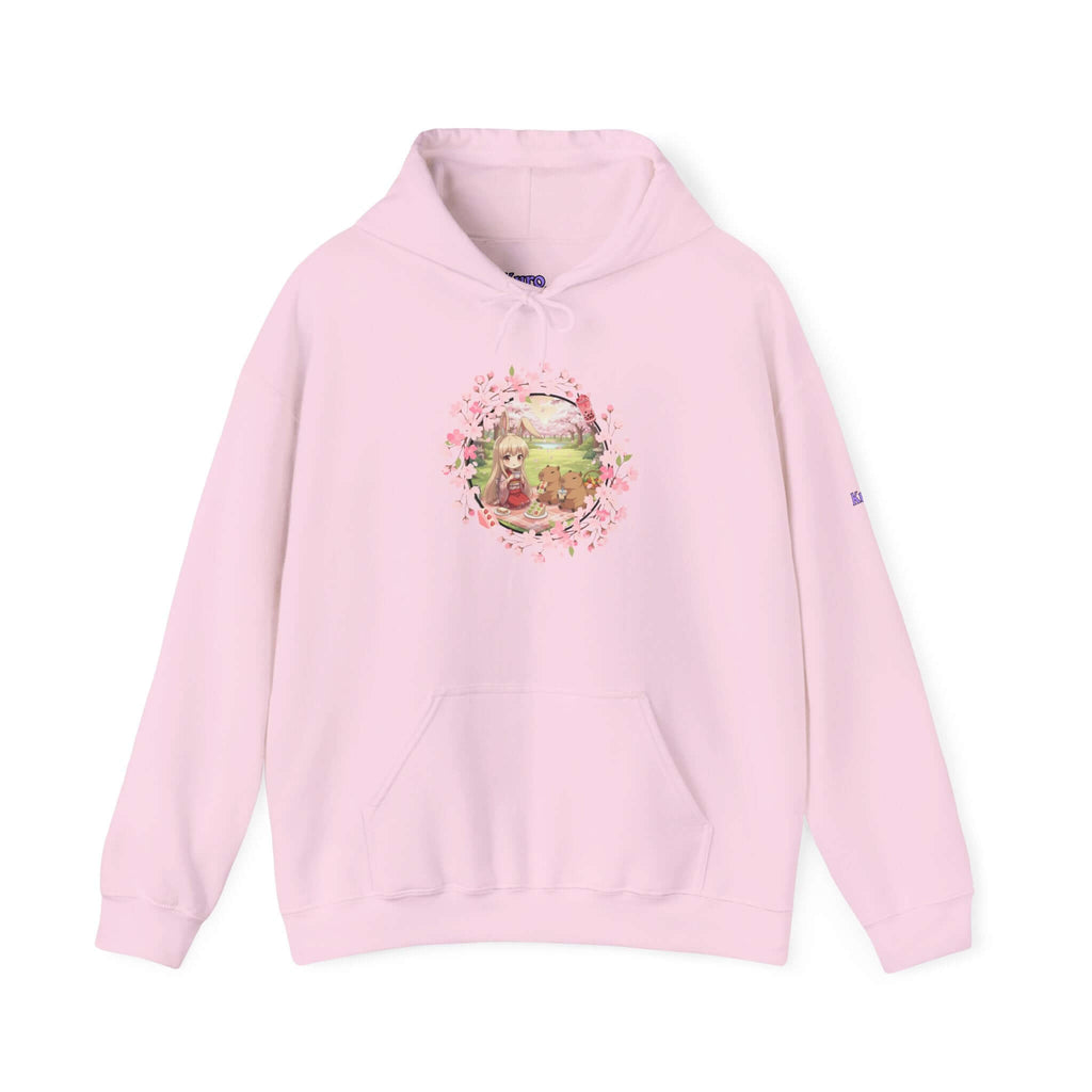 Sweat à capuche Anime HARU avec illustration de lapins sous un cerisier en fleurs, couleur rose douce.