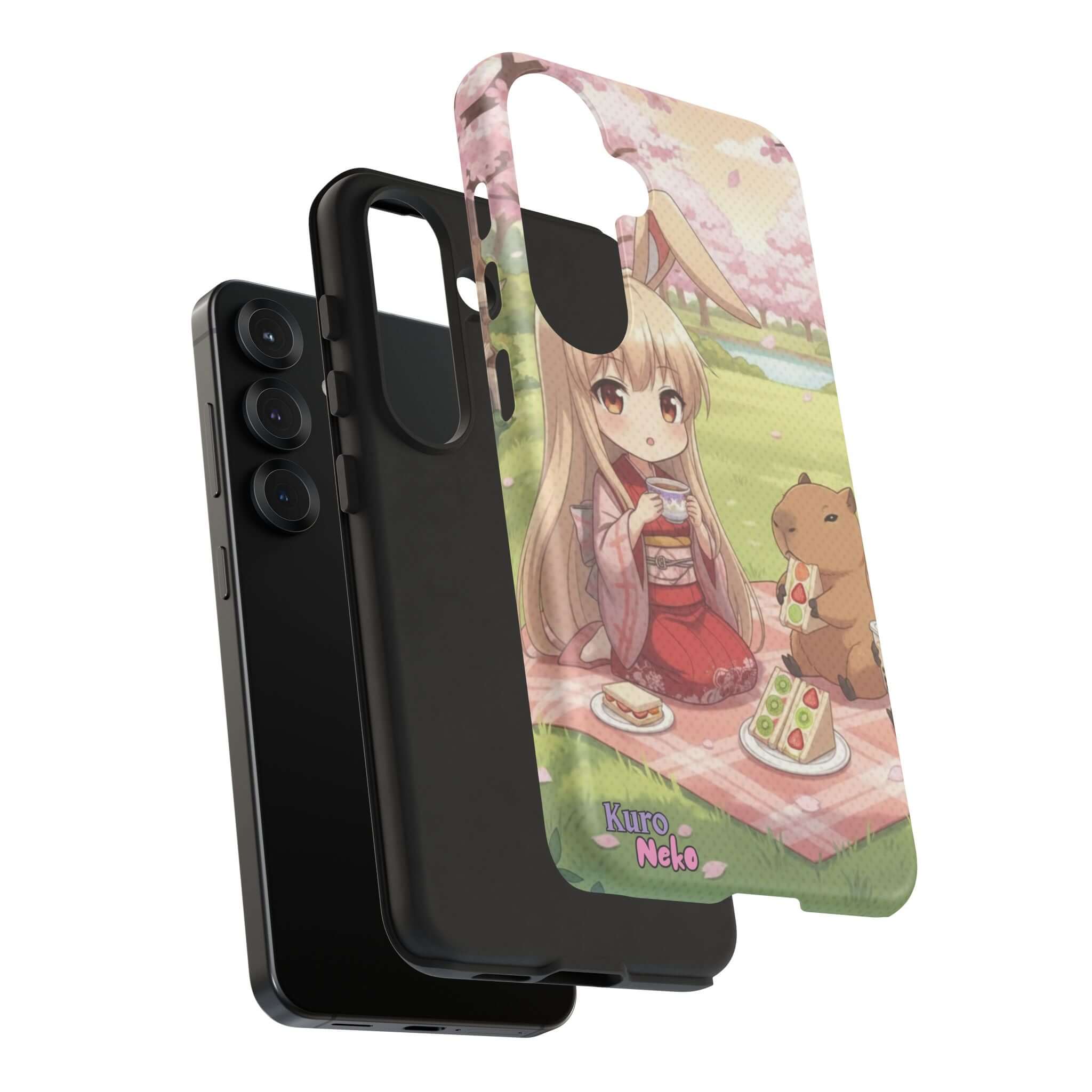 Coque de Téléphone Anime HARU Muse Chibi Pique-nique avec personnage kemonomimi, oreilles d'animaux, et design pique-nique. Kuro Neko Shop.