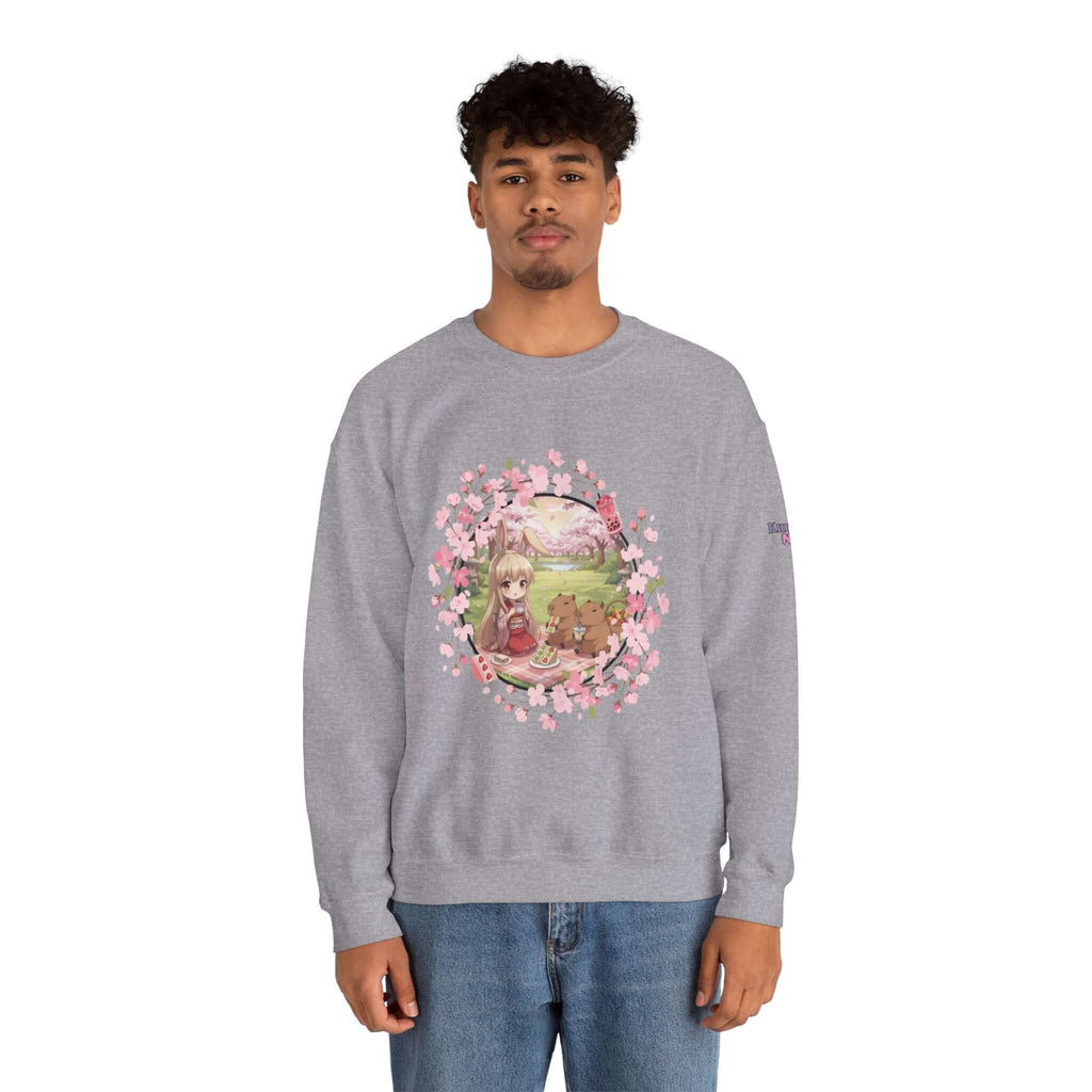 Sweatshirt Anime HARU Muse Chibi Pique-nique Sakura avec illustration d'une muse lapin, oreilles d'animaux, Kuro Neko Shop.
