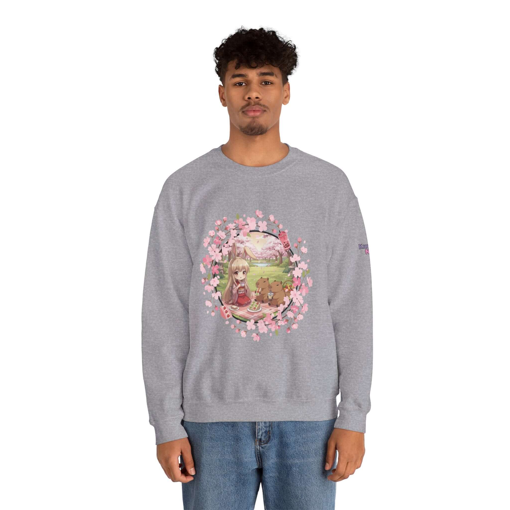 Sweatshirt Anime HARU Muse Chibi Pique-nique Sakura avec illustration d'une muse lapin, oreilles d'animaux, Kuro Neko Shop.
