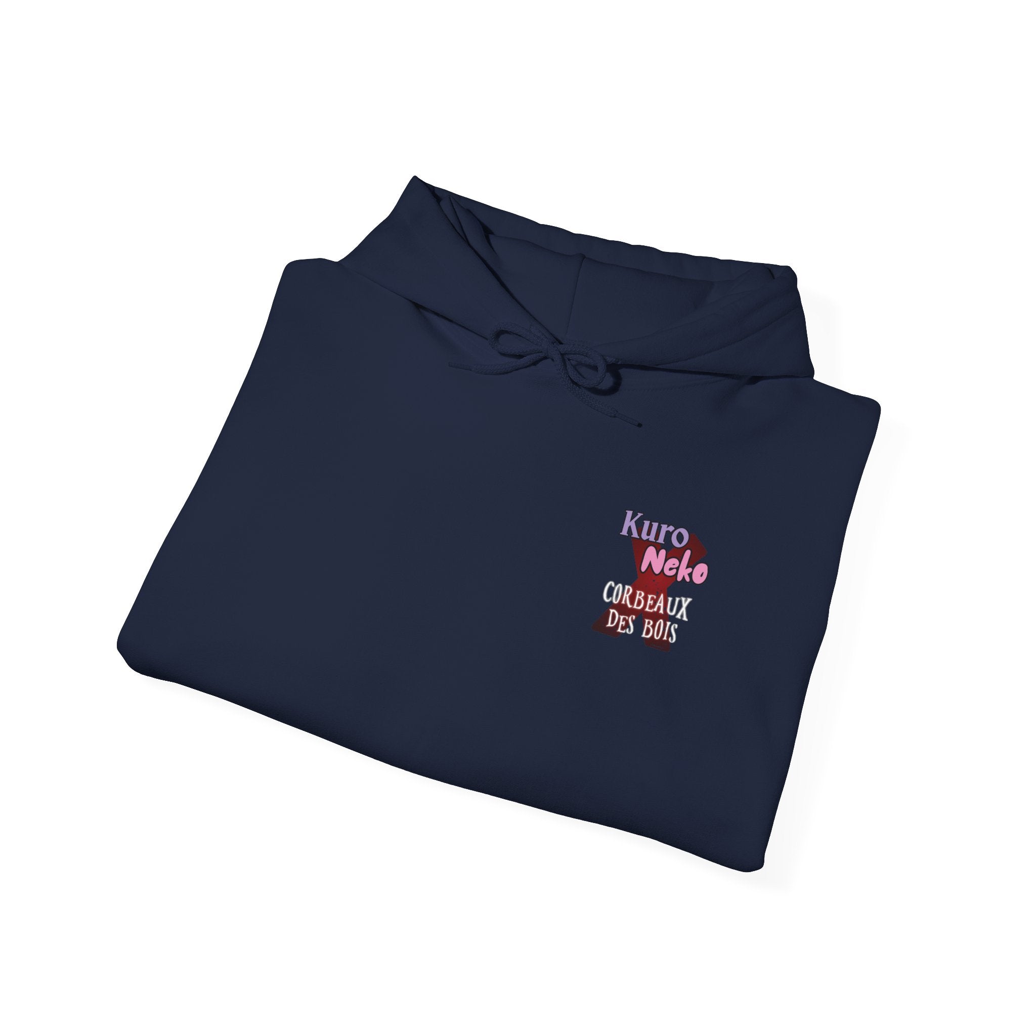 Sweat à Capuche Anime YORU avec design Kuro Neko et textes en couleurs sur fond bleu marine.