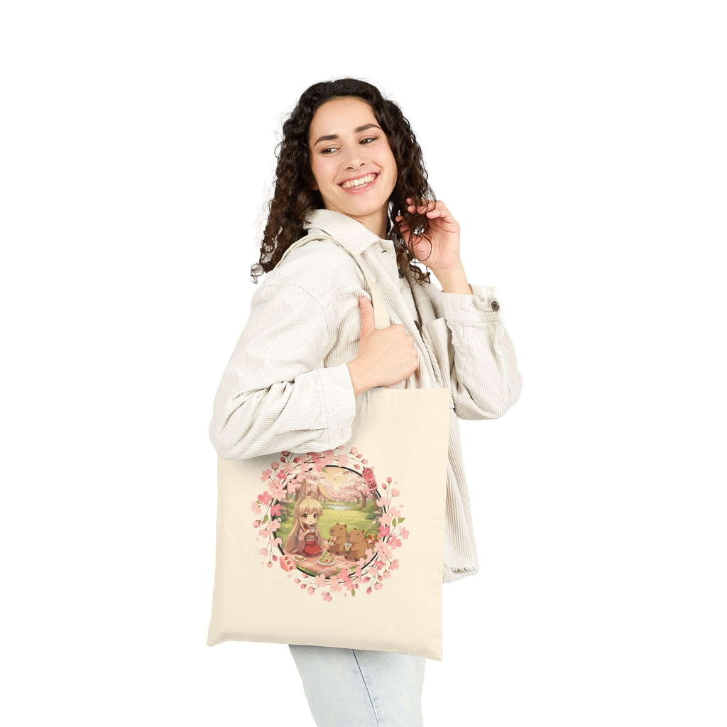 Tote bag Anime HARU Chibi avec design mignon de HARU sous des cerisiers en fleurs.