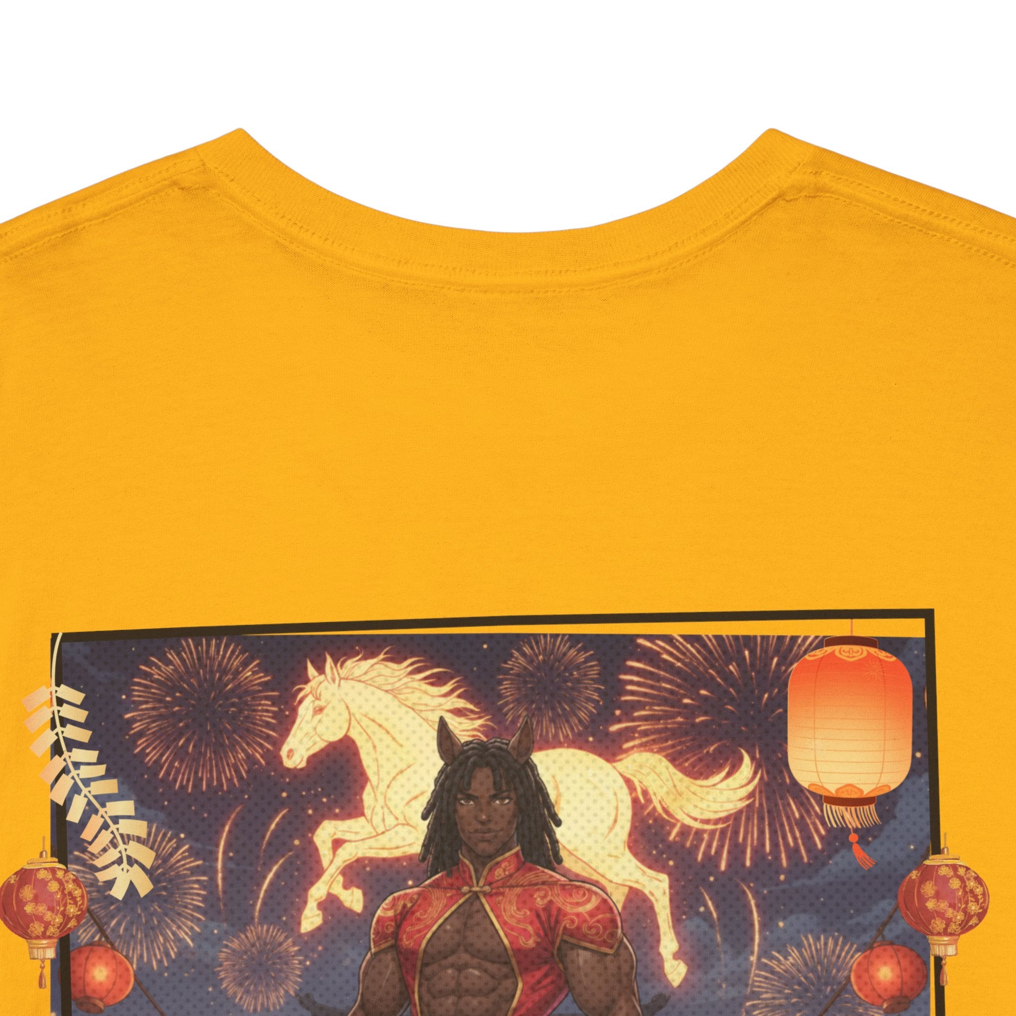 T-shirt RYO détail impression haute définition couleurs rouge or lanternes premium
