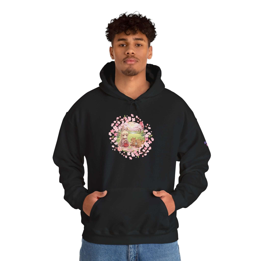 Sweat à capuche Anime HARU Muse Chibi Pique-nique Sakura avec motif de pique-nique et pétales de sakura, Kuro Neko Shop.