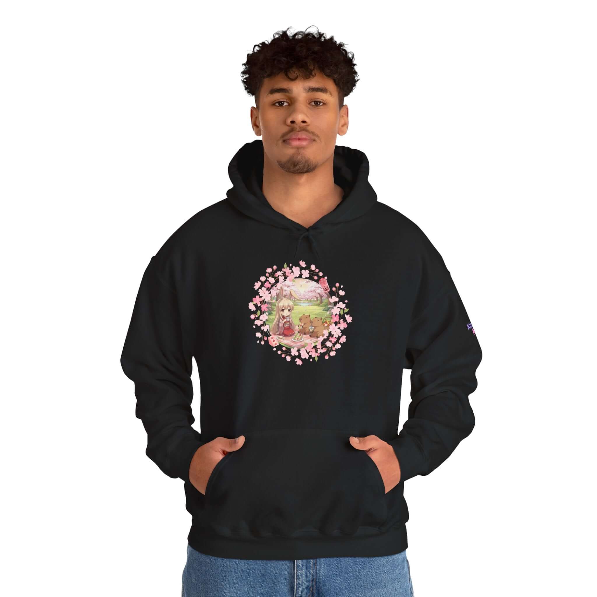 Sweat à capuche Anime HARU Muse Chibi Pique-nique Sakura avec motif de pique-nique et pétales de sakura, Kuro Neko Shop.