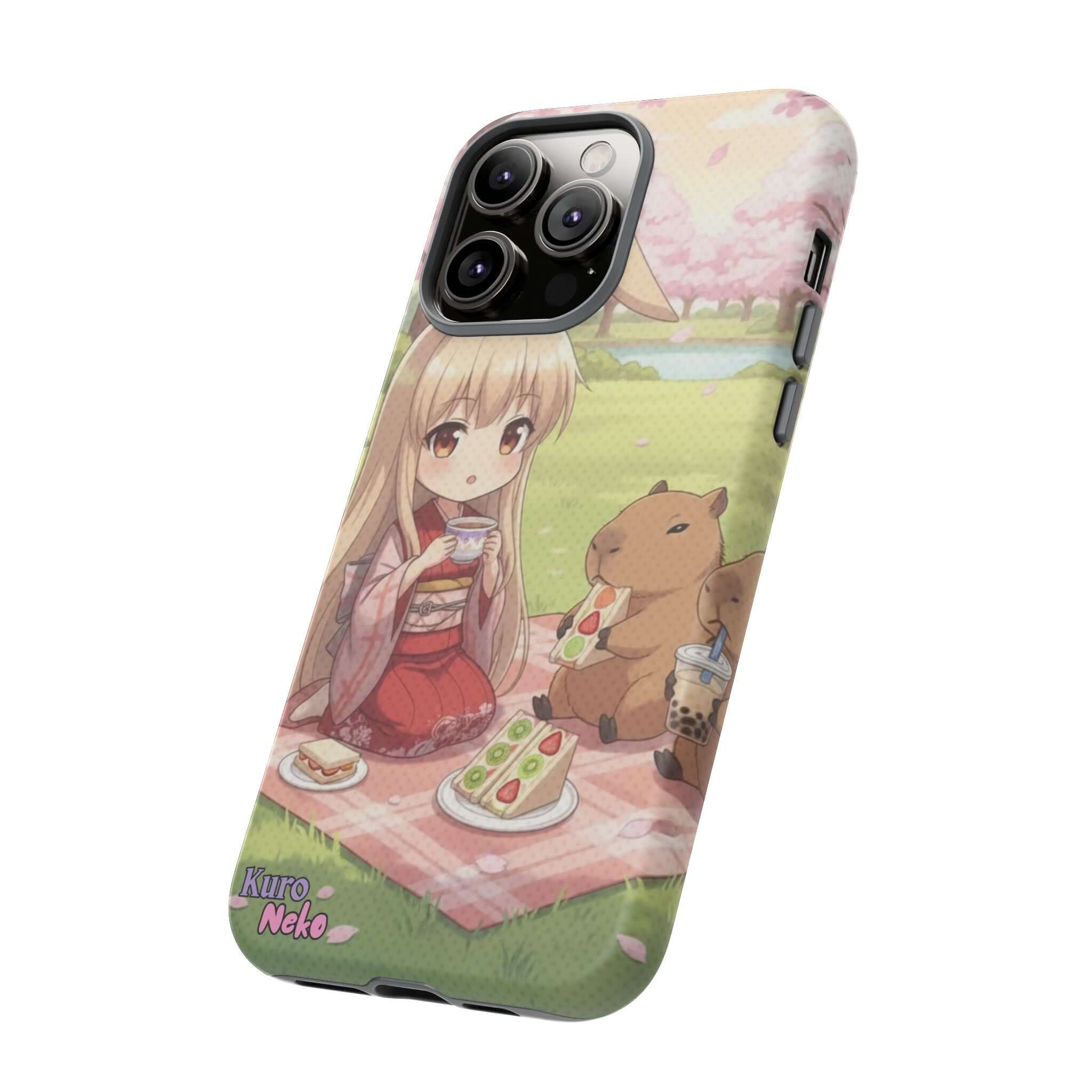 Coque de Téléphone Anime HARU Muse Chibi Pique-nique avec personnage kemonomimi, oreilles d'animaux, sous les pétales de sakura - Kuro Neko Shop