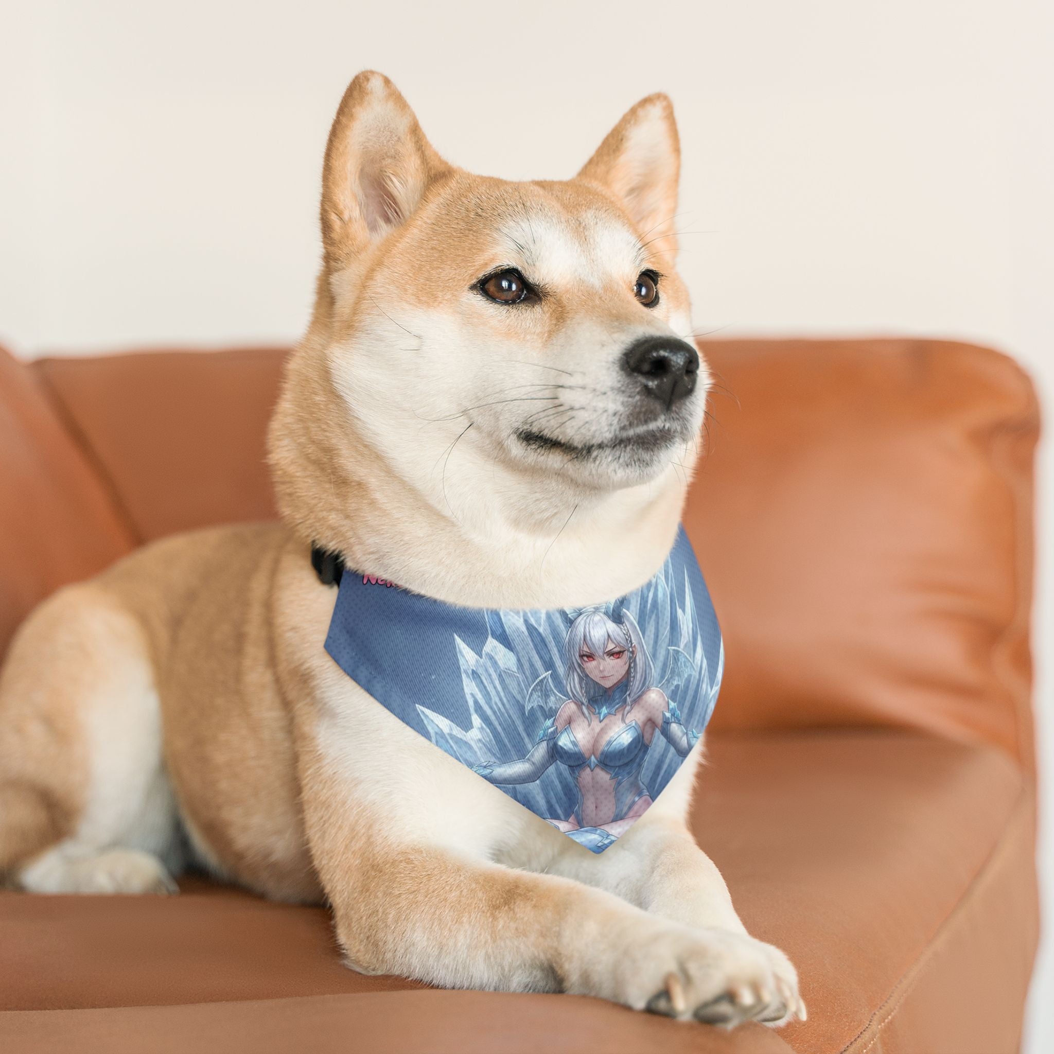 Collier bandana chat & chien Anime YUKI Dragonne de Glace Fantasy sur un chien avec illustration de dragonne de glace, Kuro Neko Shop.