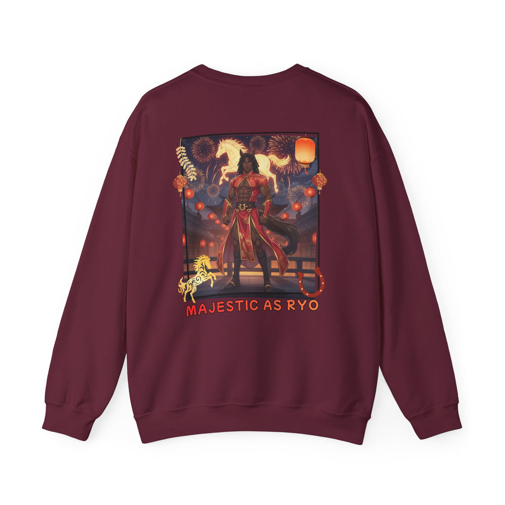 Sweatshirt Anime RYO avec design majestueux, représentant Ryo entouré de chevaux et de lanternes.