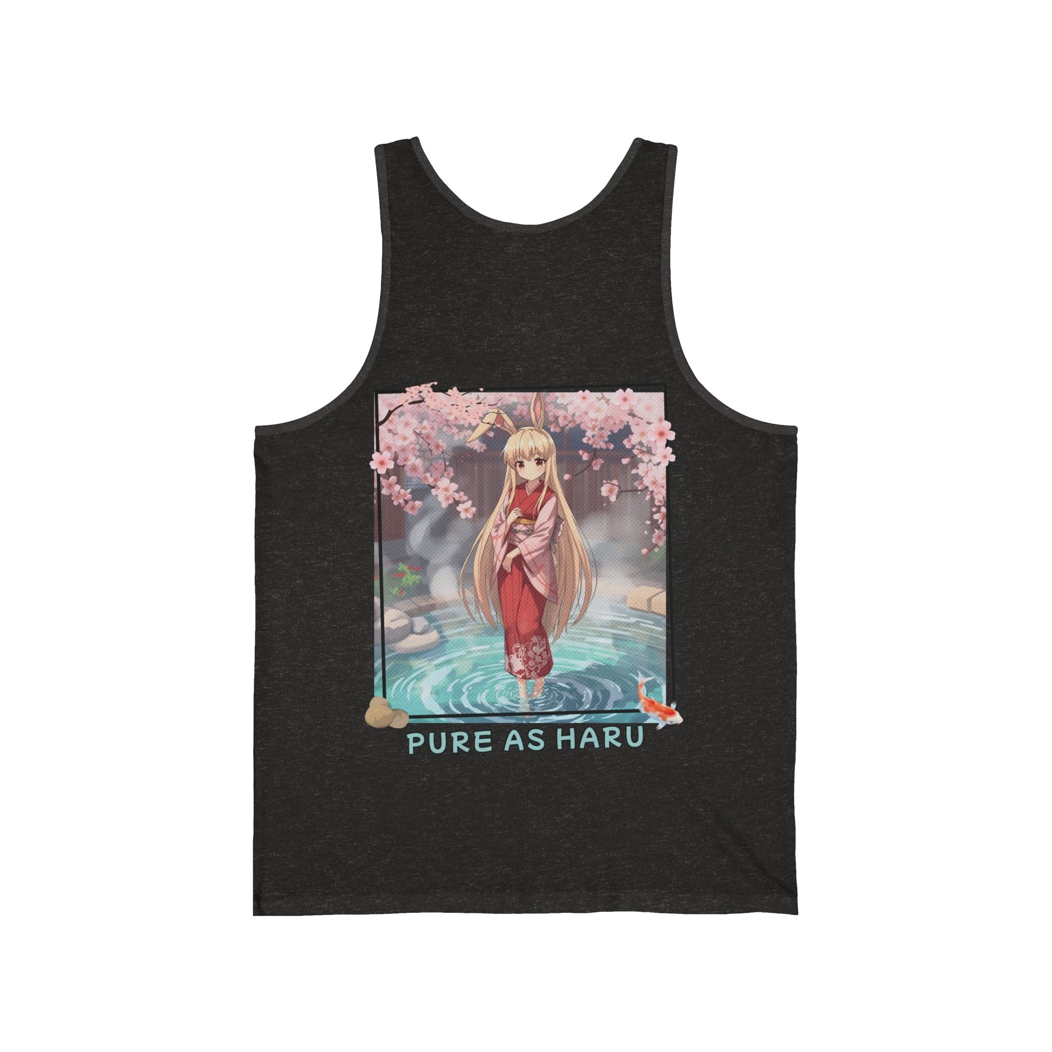 Débardeur Anime HARU avec illustration de muse lapin au bord de l'eau sous des cerisiers en fleurs.