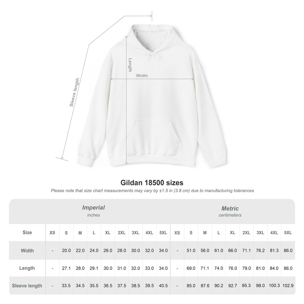 Guide des tailles pour le Sweat à Capuche Anime YORU, modèle Gildan 18500 avec dimensions en pouces et centimètres.