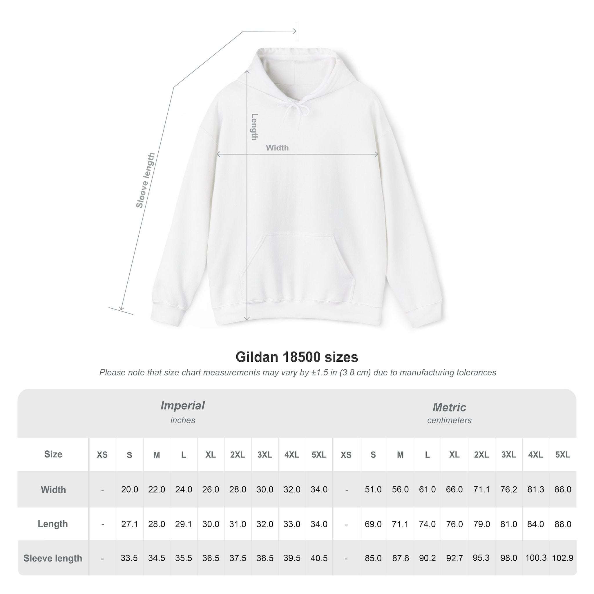 Guide des tailles pour le Sweat à Capuche Anime YORU, modèle Gildan 18500 avec dimensions en pouces et centimètres.