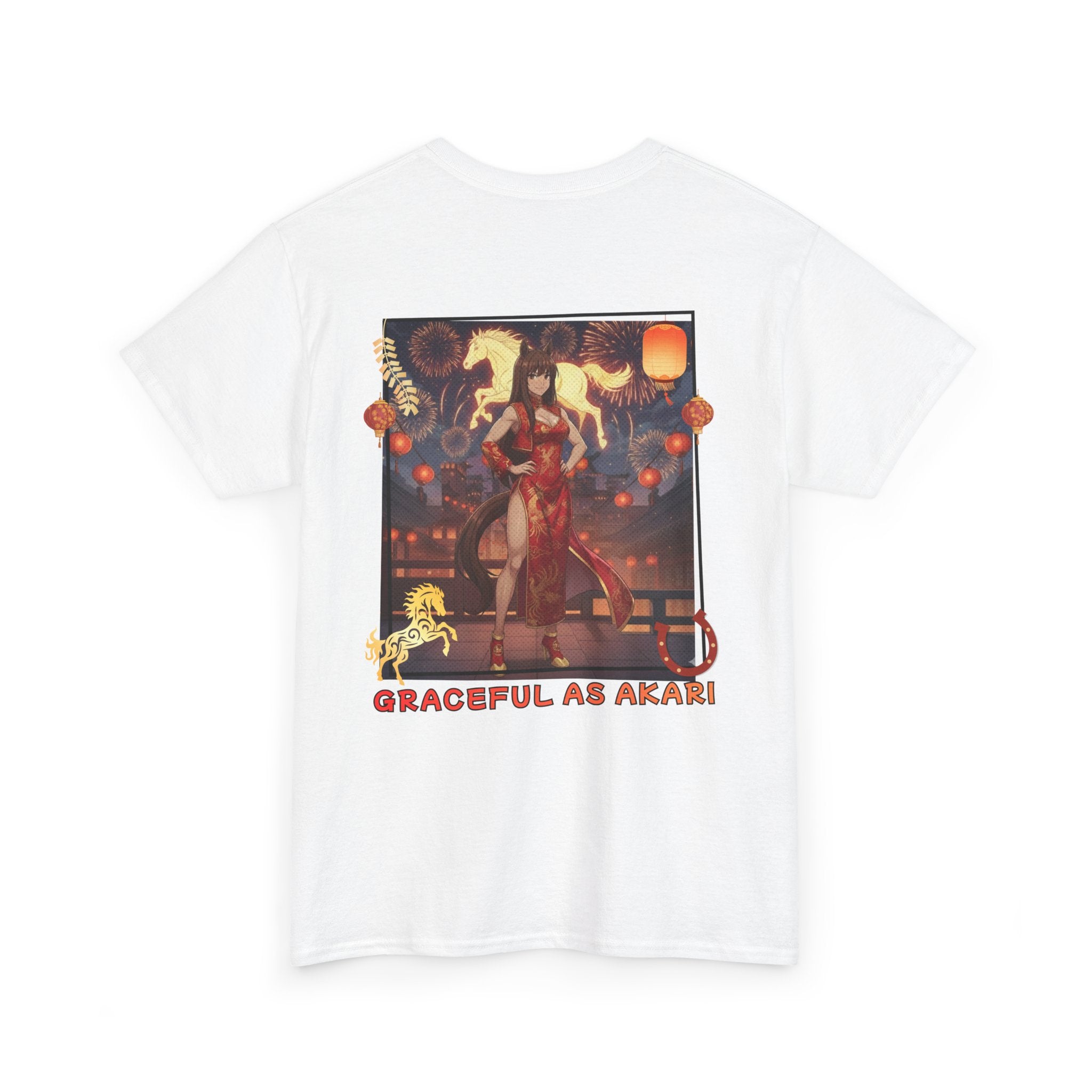 T-shirt Anime AKARI avec un design accrocheur représentant Akari et des motifs de cheval.